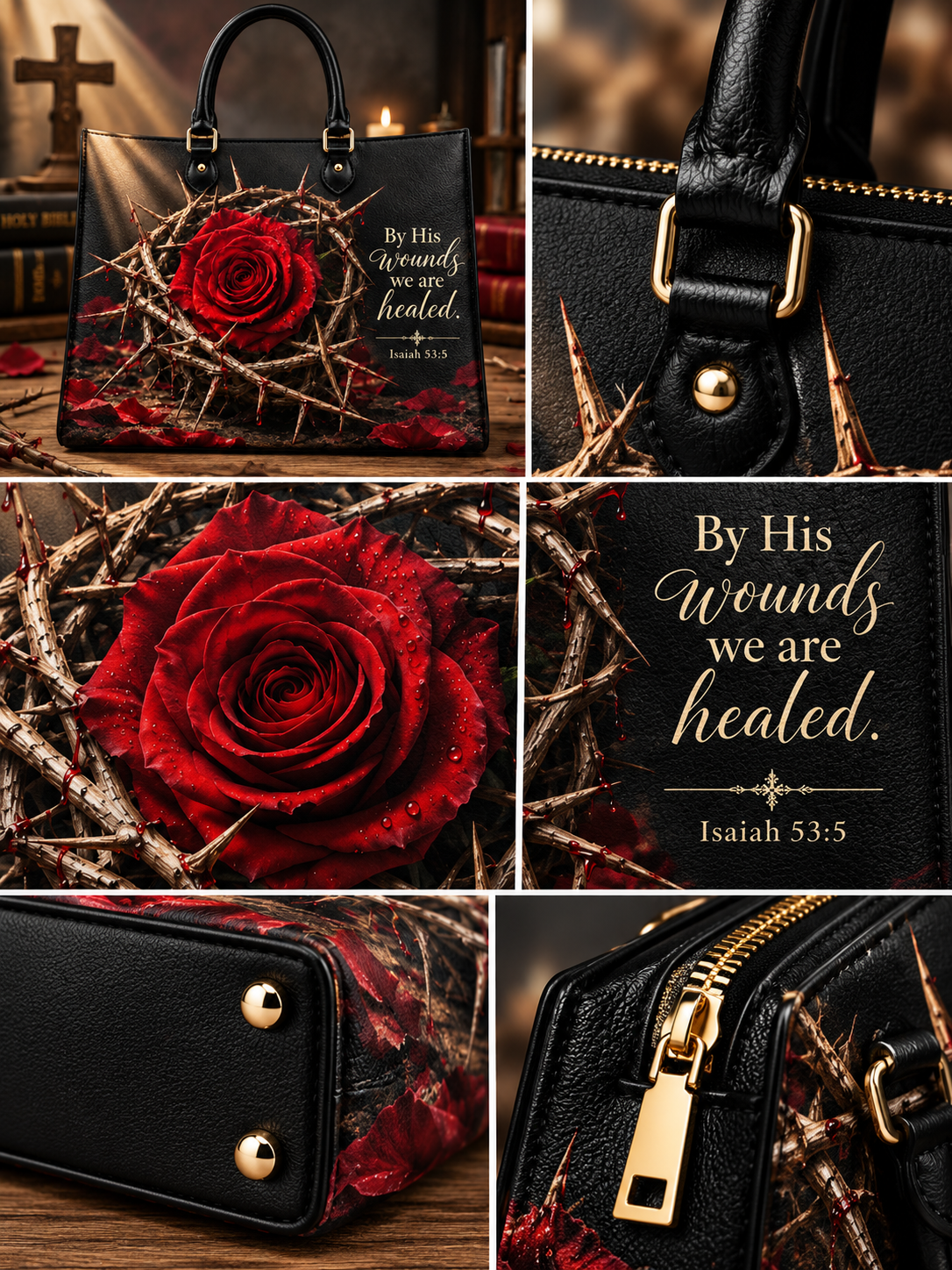 Crown of Thorns Isaiah 53:5 Sacred Rose Leather Tote Bag