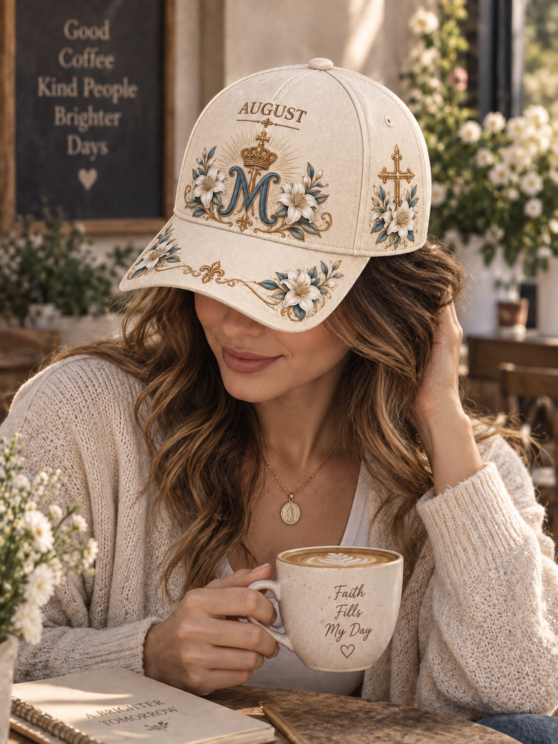 A beige baseball cap with custom embroidery featuring a large monogram 'M' under a crown, the name 'AUGUST', floral motifs, and a cross on the side, set against a neutral gray background.