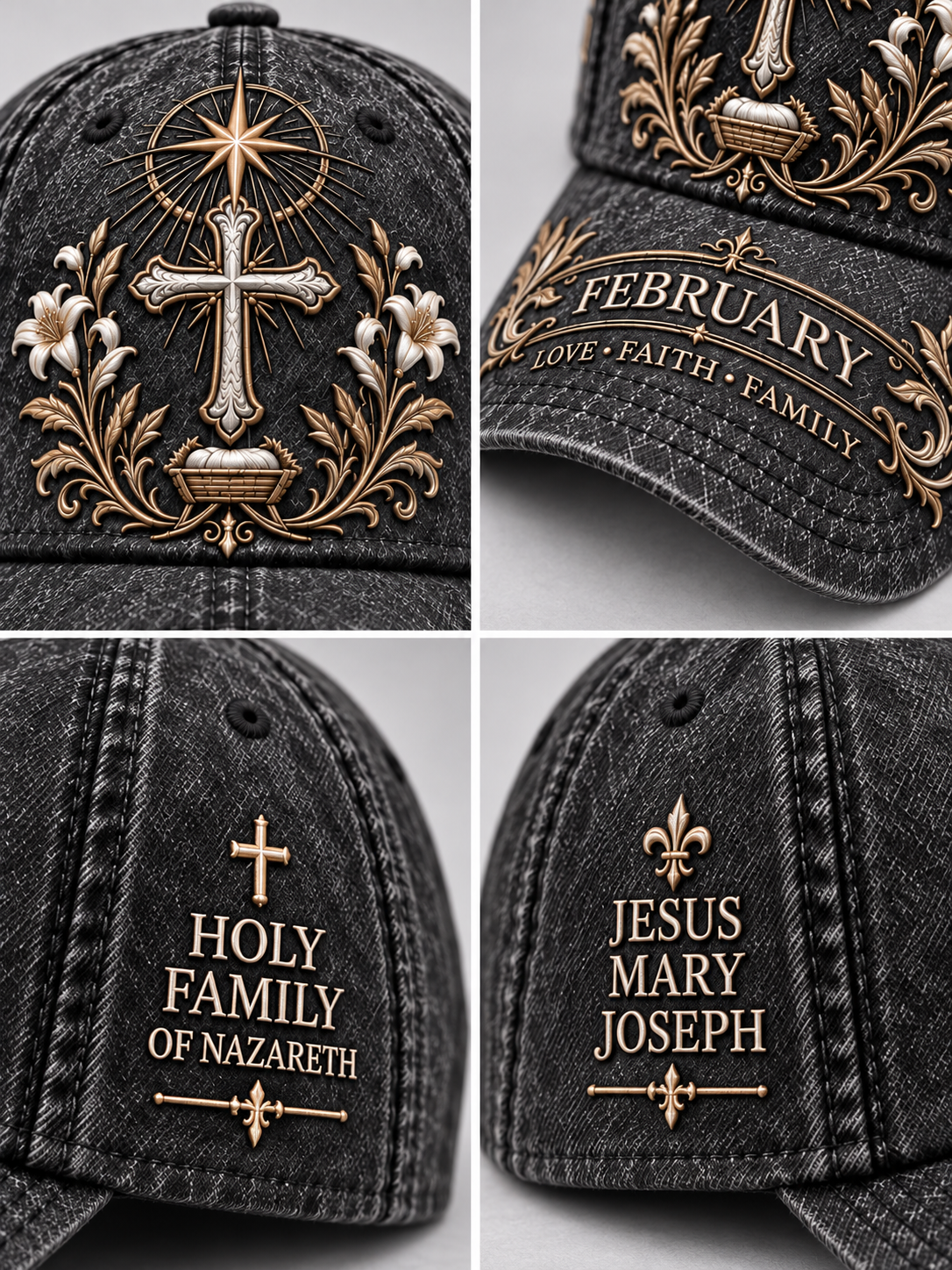 Four-panel close-up collage of a dark washed baseball cap showing front, brim, and side embroidery details. The cap is charcoal gray with ornate metallic gold and beige embroidery including a cross, floral scrollwork, and text such as 'FEBRUARY', 'HOLY FAMILY OF NAZARETH', and 'JESUS MARY JOSEPH'.