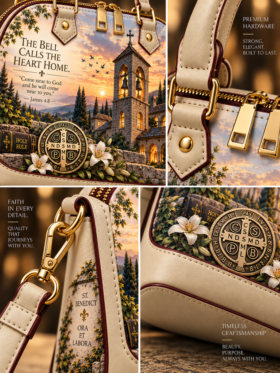 A beige and gold handbag shown in a four-panel collage, featuring a printed scenic design with a church, flowers, and inspirational text. The panels highlight the bag's hardware, strap detail, and textured leather trim.