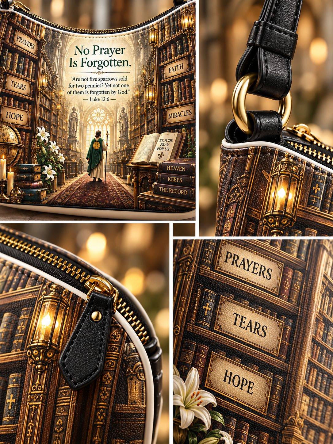 A collage showing a printed clutch or pouch with a gothic library scene and religious text, including 'No Prayer Is Forgotten,' 'Prayers,' 'Tears,' and 'Hope.' The top-left panel shows the full front design, while the other panels show close-up details of the zipper, strap, and printed bookshelf pattern.