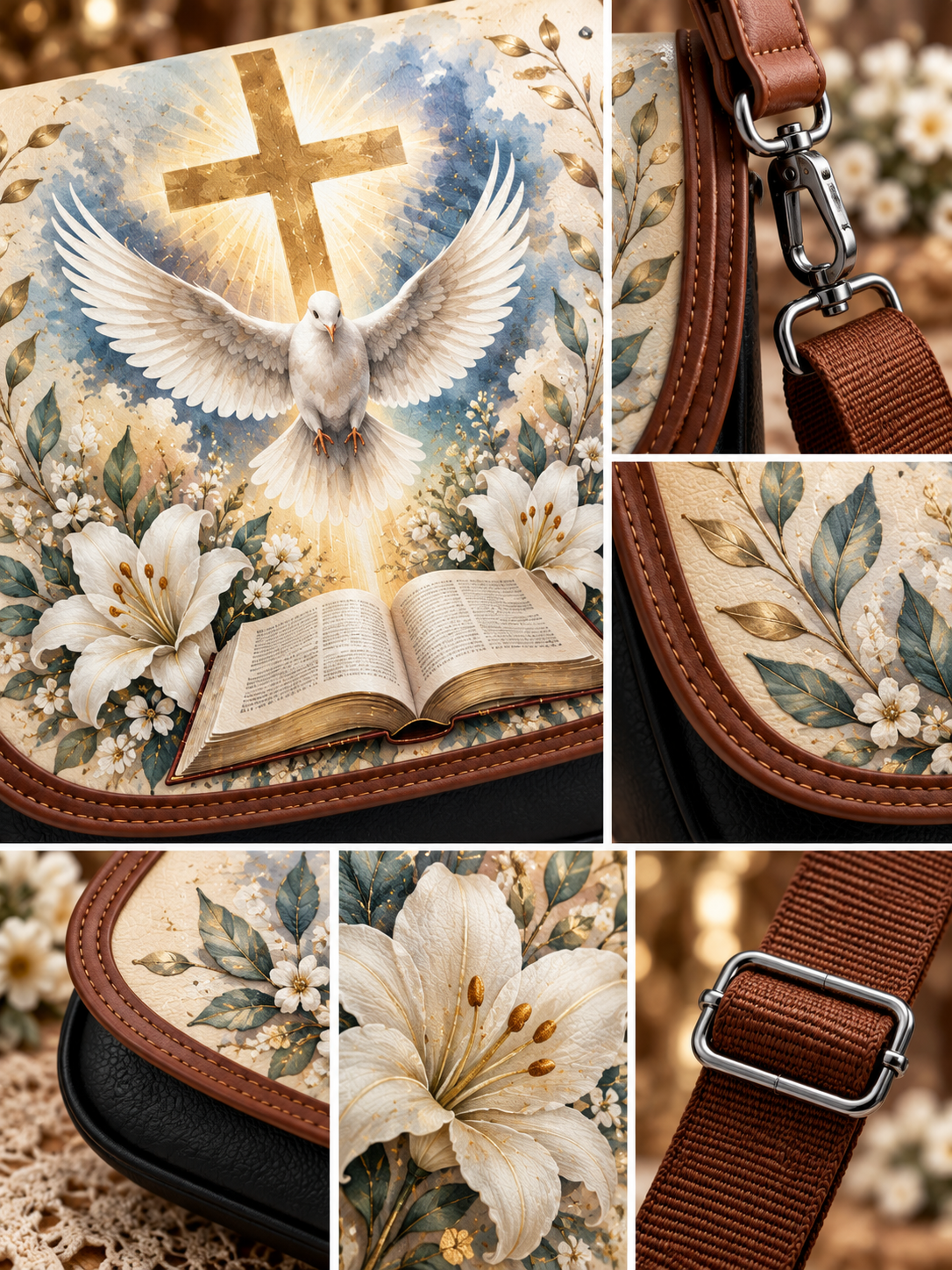 Collage of close-up views showing a brown and black shoulder bag with a detailed religious print featuring a white dove, gold cross, open book, and white lilies, alongside detail shots of the brown strap and metal buckle.