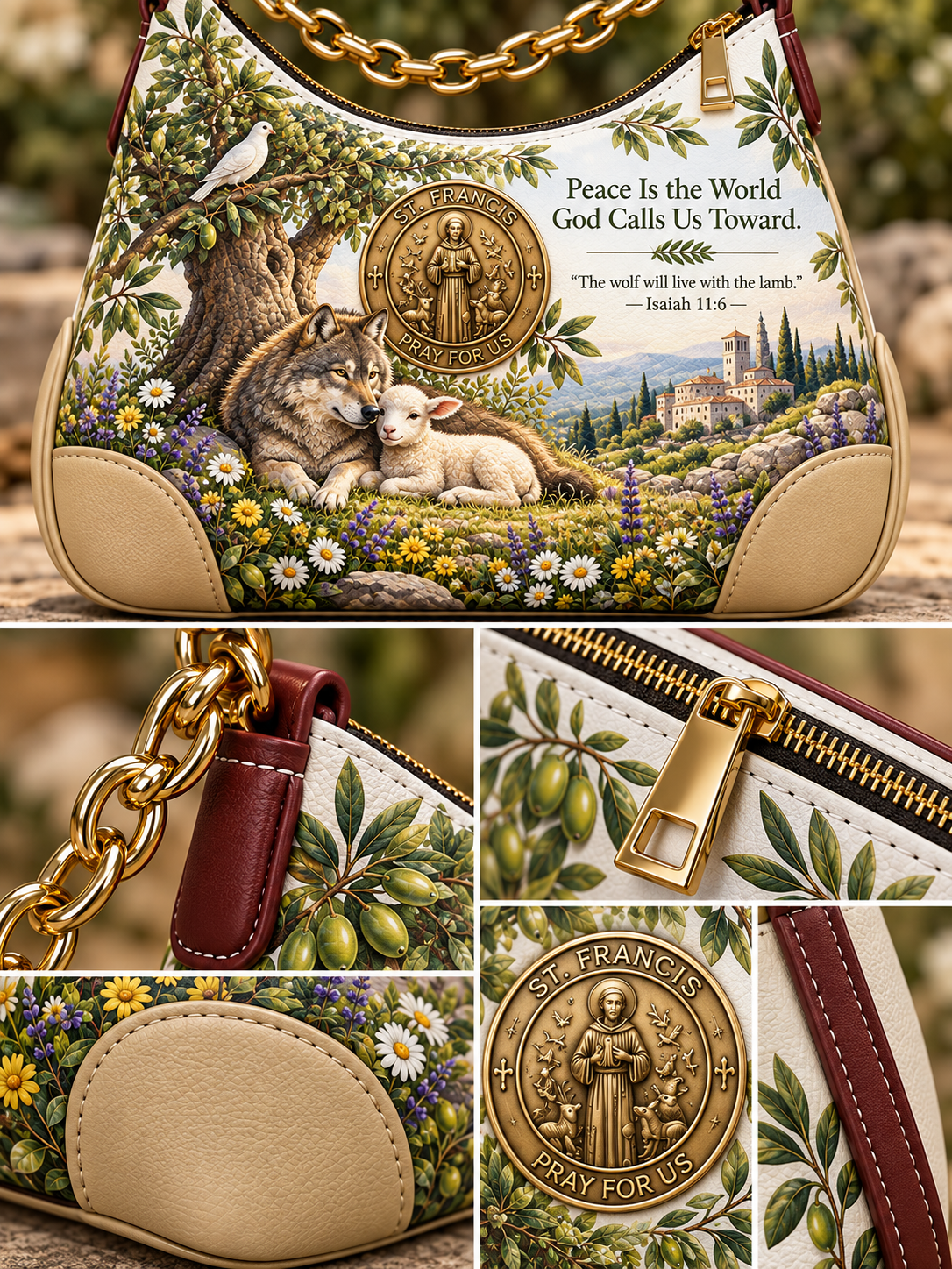 A decorative shoulder bag shown in a collage of close-up views. The bag has a cream and tan base with a detailed printed illustration of a wolf and lamb in a meadow, green leaves and olives, small flowers, a gold chain strap, gold zipper, and a gold medallion motif.