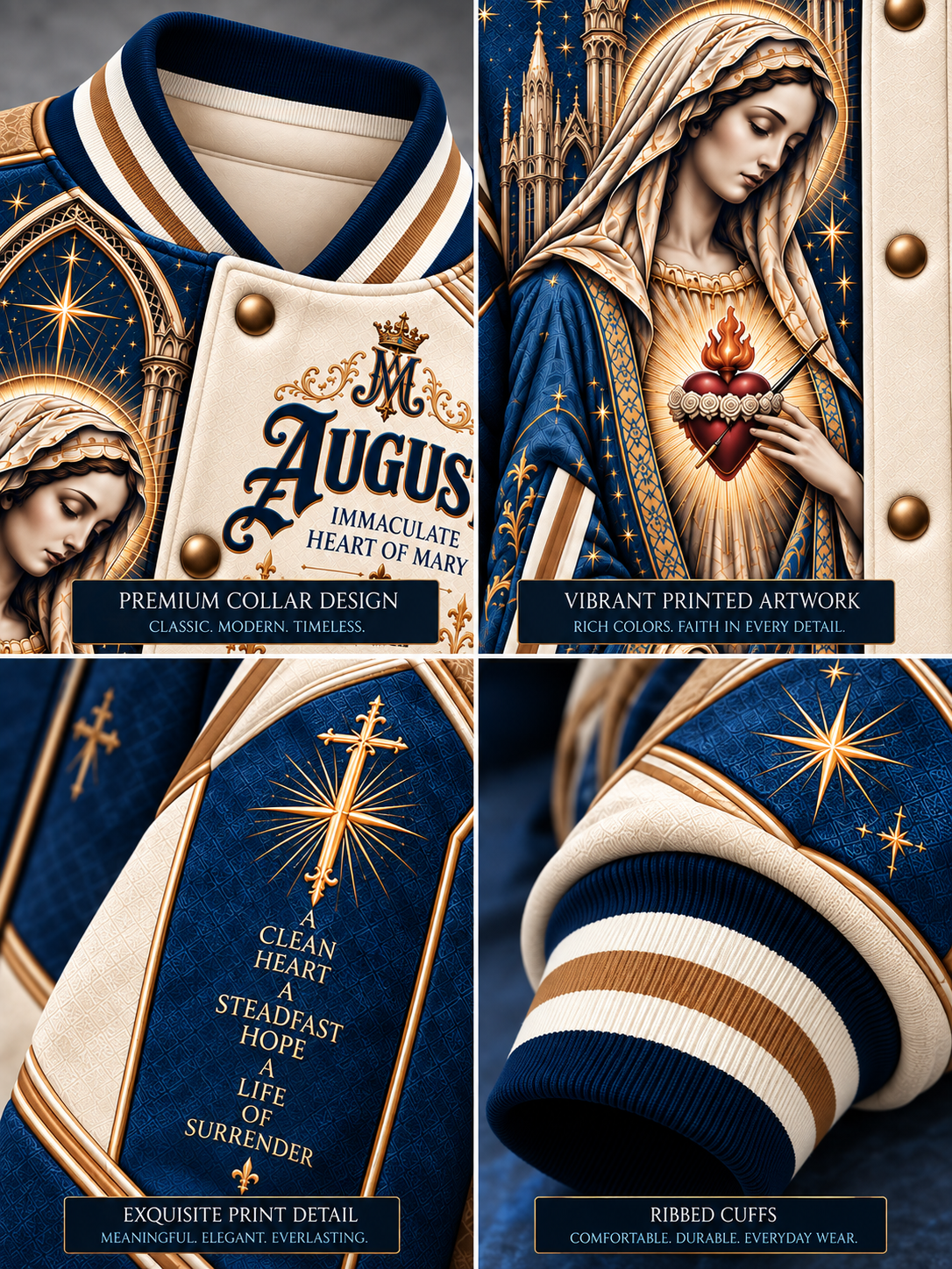 A four-panel product detail collage of a religious varsity-style jacket. The jacket features a navy blue and cream/off-white color-blocked collar, a front patch reading 'August Immaculate Heart of Mary,' ornate gold starburst graphics, and ribbed cuffs.