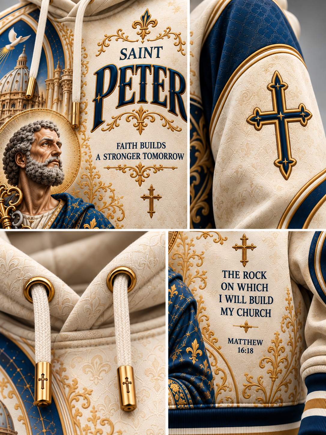 A close-up collage of a hooded sweatshirt showing detailed graphics and fabric. The hoodie features a cream and navy blue design with gold accents, including a Saint Peter illustration, a large cross on the sleeve, a gold fleur-de-lis, and scripture text from Matthew 16:18.