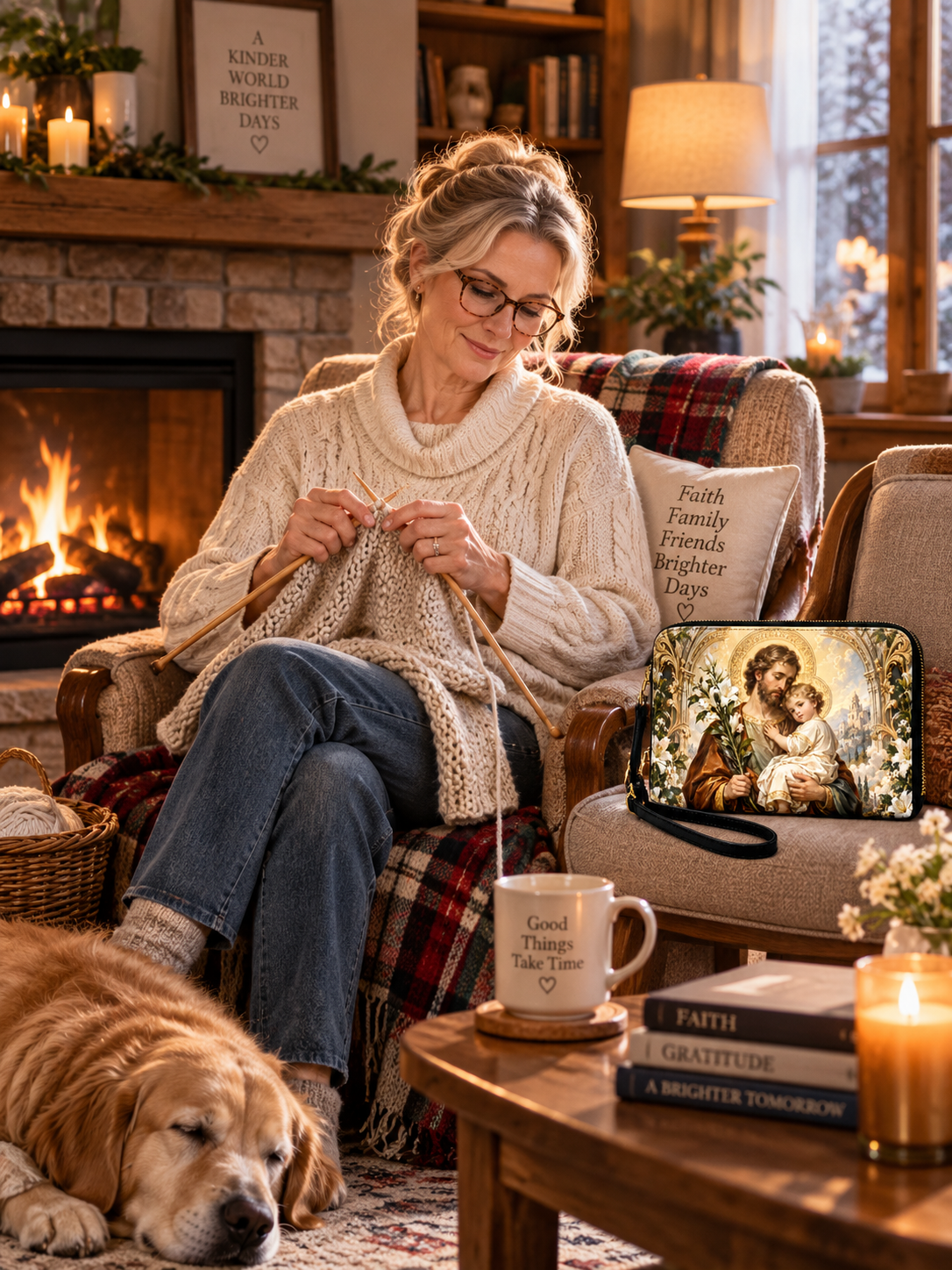 A cozy living room scene with a woman knitting in an armchair by a fireplace, with a golden retriever lying on the floor. A small printed bag sits on the arm of the chair, showing a religious illustration.