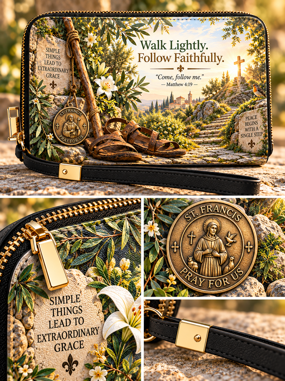 A zippered clutch or wallet shown in a collage of close-up views, featuring a scenic religious illustration with a stone path, cross, flowers, Bible verses, a saint medallion, and a black leather wrist strap with gold-tone hardware.