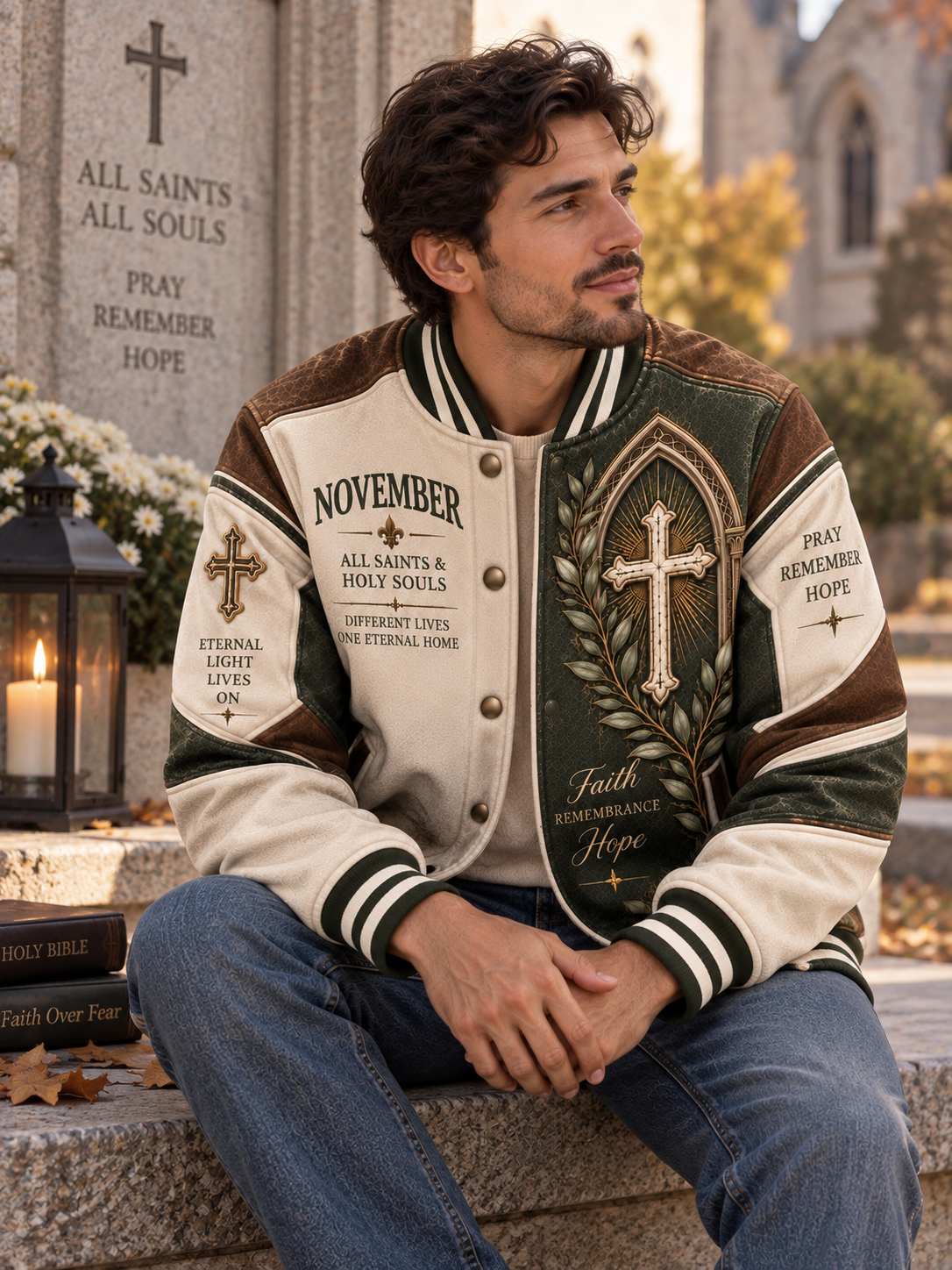 A man wearing a brown and cream varsity-style bomber jacket with religious embroidery, sitting on a stone ledge in front of a church monument.