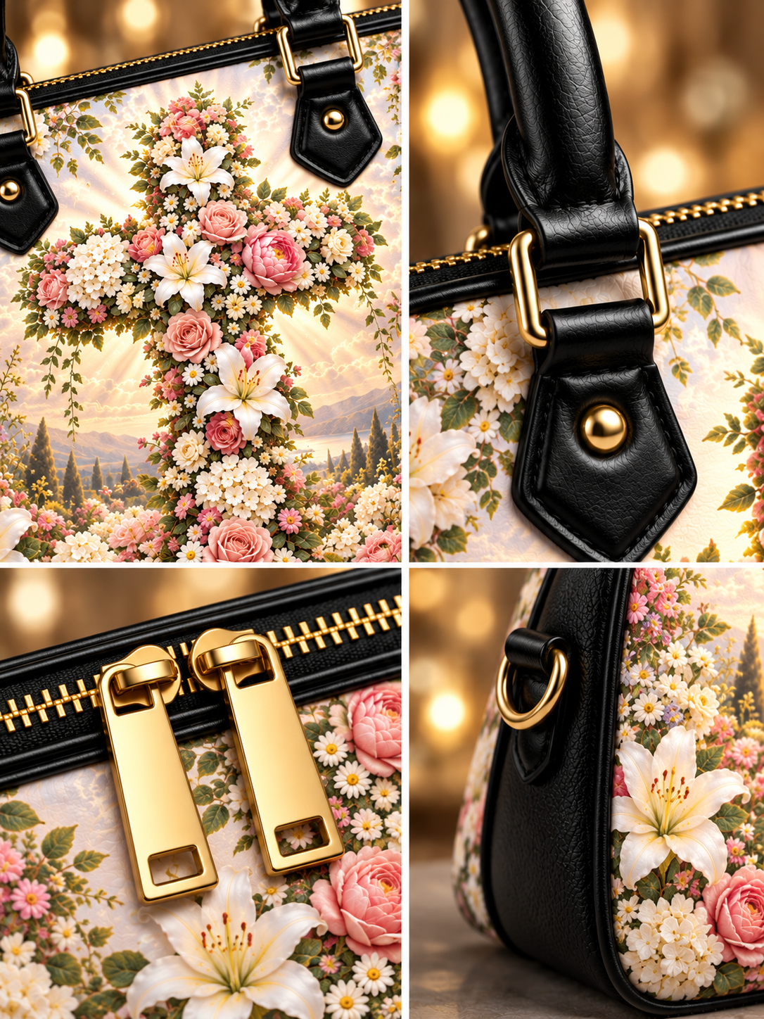 A four-panel close-up collage of a handbag. The bag has a cream floral print with pink and white flowers, green leaves, and a large cross motif, combined with black leather trim and gold-tone hardware.