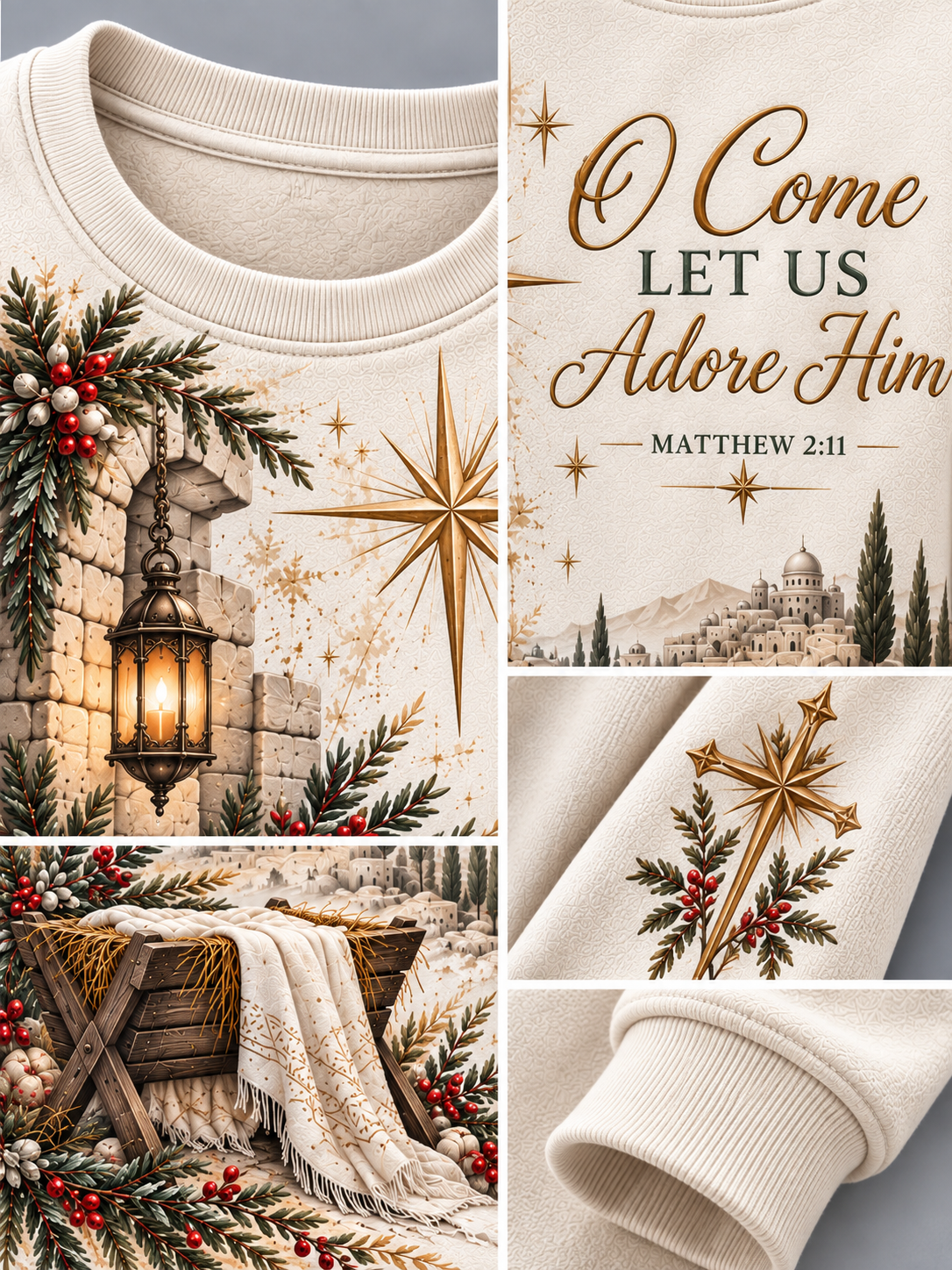 Collage of a cream-colored crewneck sweatshirt showing multiple views of a detailed Christmas graphic print. The print features a warm lantern, pine branches with red berries, gold starbursts, a wooden manger with a white blanket, and gold text reading 'O Come LET US Adore HIM MATTHEW 2:11'.