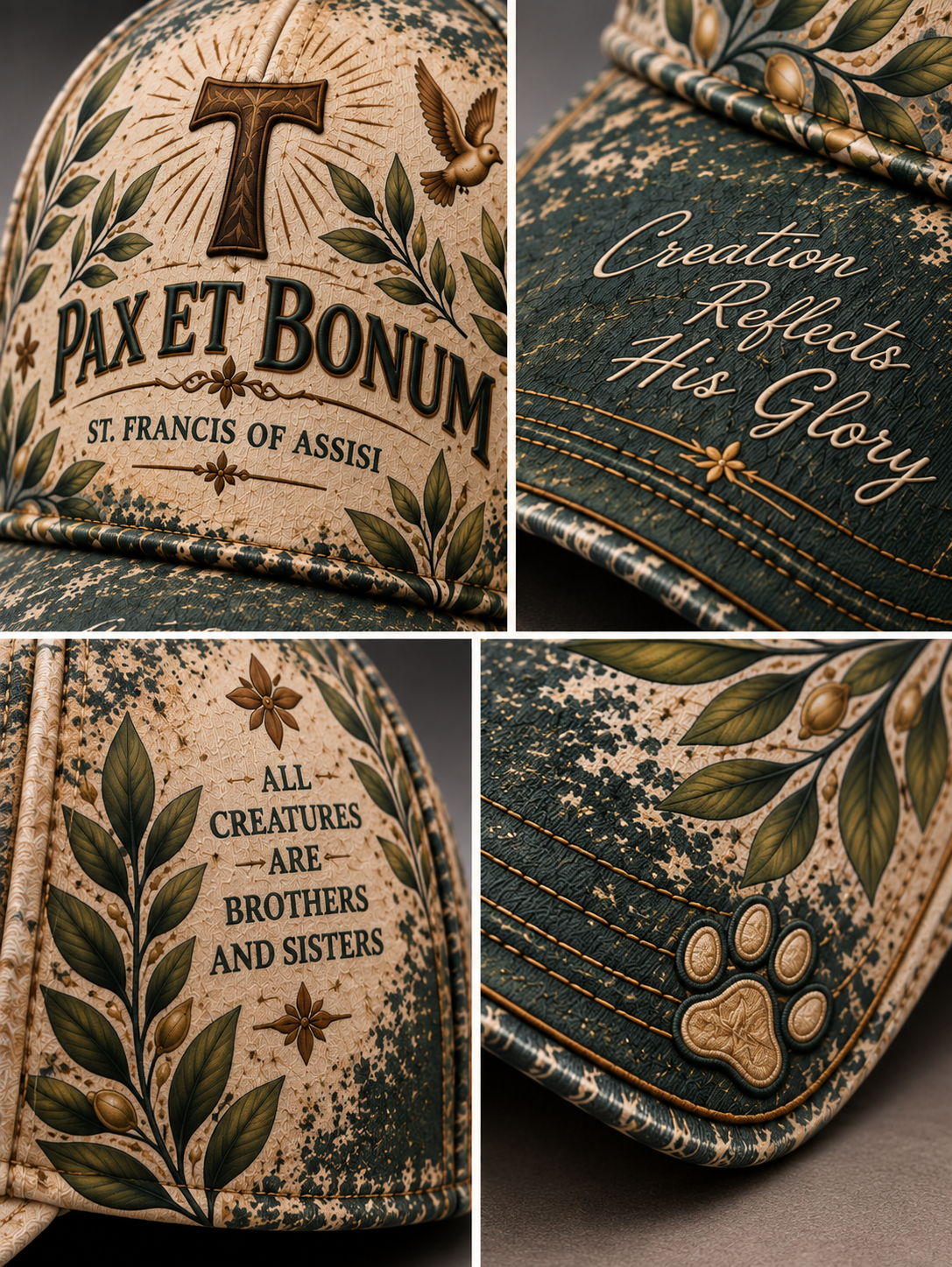 A four-panel close-up collage of a distressed baseball cap showing multiple printed designs: a large 'T' with 'Pax Et Bonum' and 'St. Francis of Assisi' on the front, 'Creation Reflects His Glory' on the side, 'All Creatures Are Brothers and Sisters' on another panel, and a paw print with olive branches on the brim.
