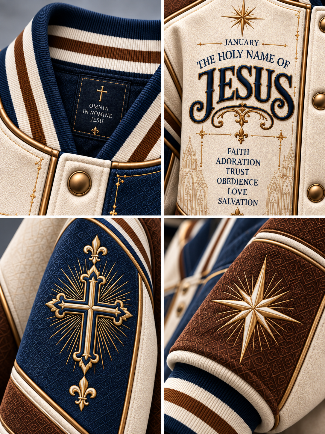 A close-up collage of a varsity-style jacket showing the collar label reading 'DANIA IN NOBILIS JESU,' decorative front text that says 'January The Holy Name of Jesus' with religious words, a navy sleeve with a gold cross emblem, and a brown sleeve with a gold starburst emblem.