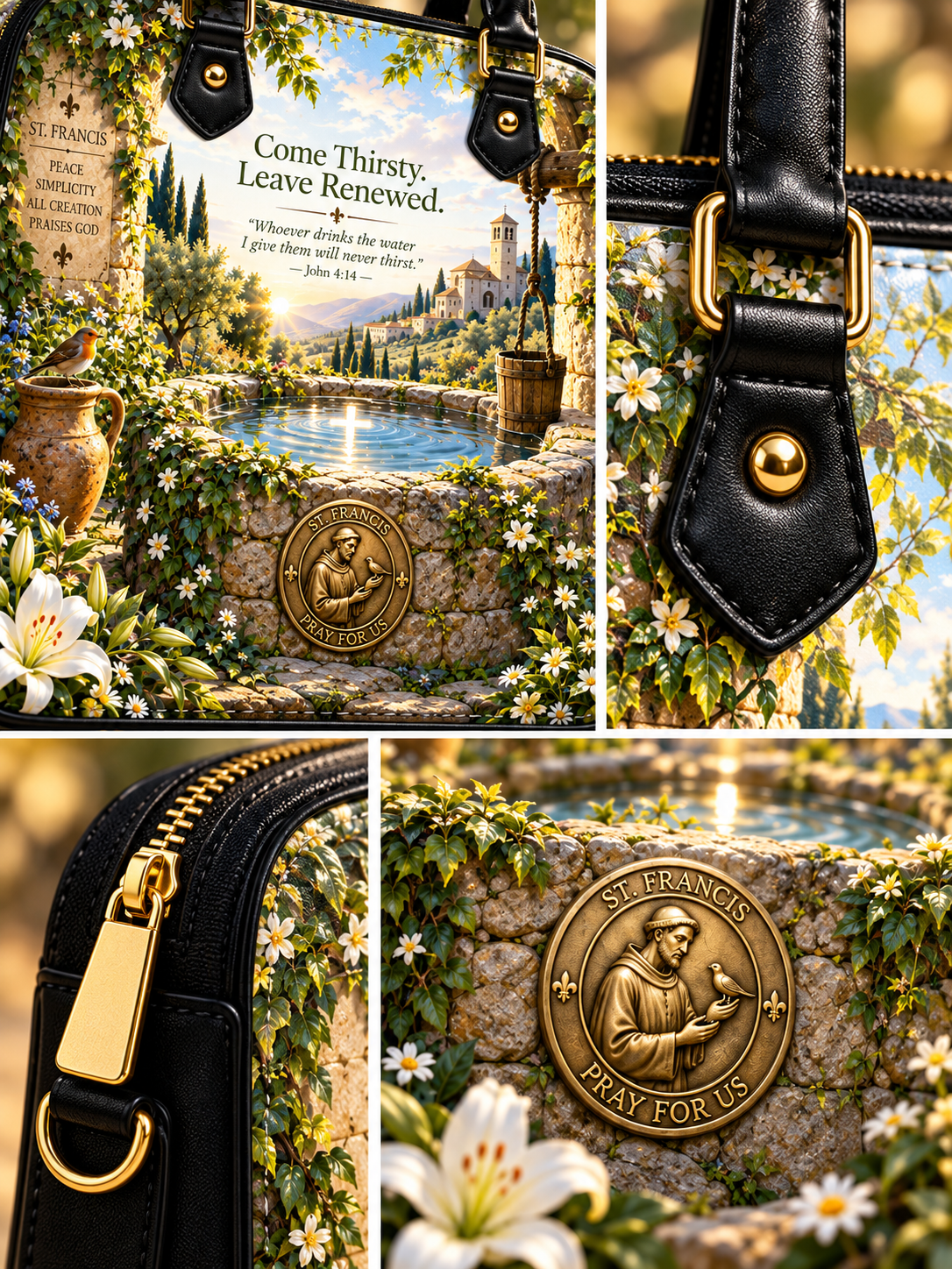 A black leather handbag shown in a three-panel collage, featuring a scenic print of a stone garden wall, water, flowers, and a Saint Francis medallion. Close-up panels show the black leather strap, gold-tone hardware, and part of the printed artwork.