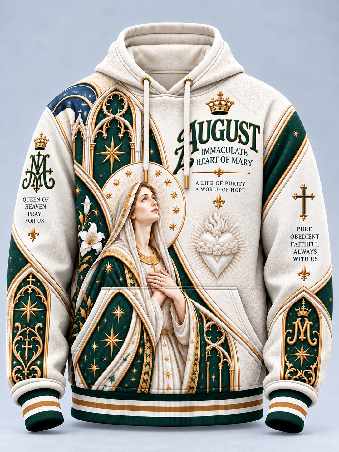 A hooded sweatshirt with an all-over religious graphic print featuring the Virgin Mary, gold stars, green and cream panels, and text including 'August Immaculate Heart of Mary' and 'Queen of Heaven Prayer For Us.'.