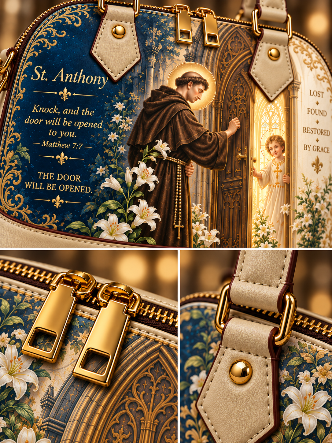A close-up collage of a handbag or satchel showing a decorative printed panel with St. Anthony, floral lily motifs, gold zipper hardware, and cream leather trim on a warm brown background.