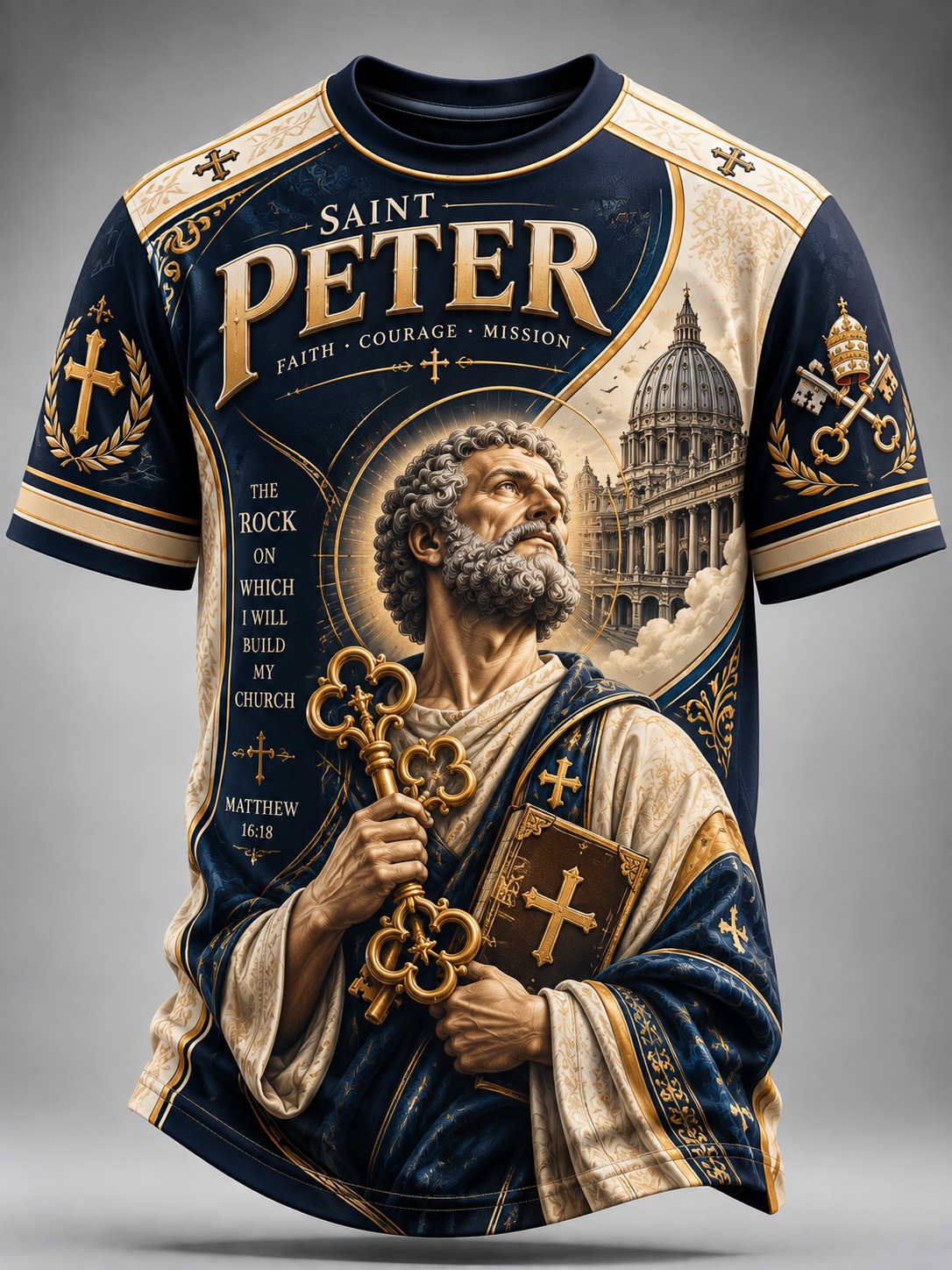 A short-sleeve crewneck t-shirt featuring a detailed graphic print of Saint Peter with a large gold key, a Bible, and St. Peter's Basilica in the background.