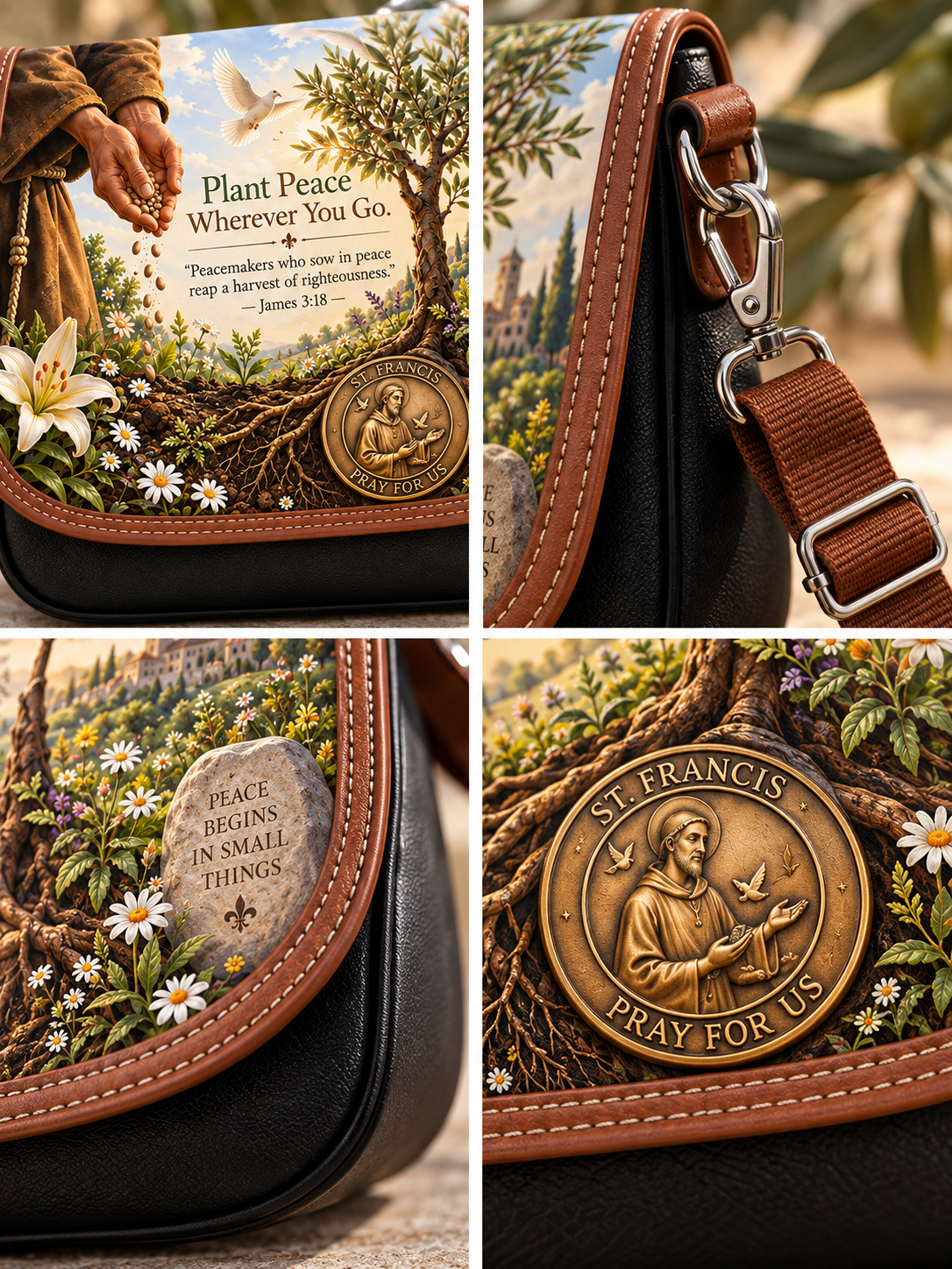 A black crossbody bag with brown leather trim and a detailed St. Francis of Assisi graphic print, shown in a four-panel collage highlighting the front design, strap attachment, and a round bronze-toned medallion.