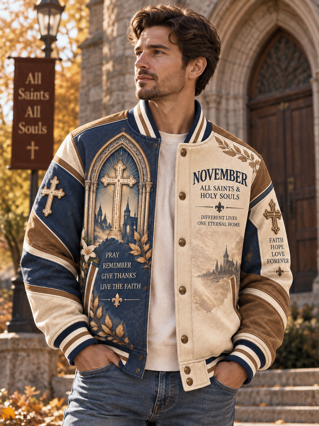 A varsity-style bomber jacket with a split design: one side is navy blue with a large cathedral arch, cross, and gothic text reading 'November All Saints & Holy Souls'; the other side is warm beige with a soft cityscape and smaller gothic text. The jacket has cream ribbed trim, gold-tone buttons, and decorative leaf motifs on the sleeves.