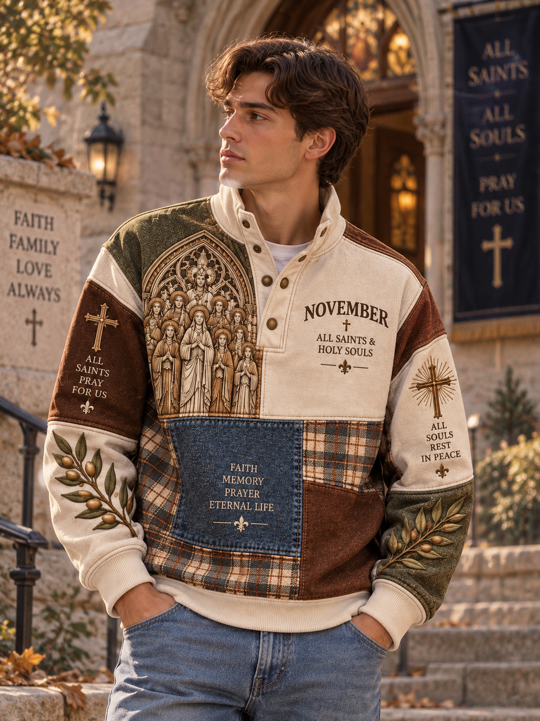All Saints & Holy Souls Faith Memory Prayer Eternal Life High Neck Button Sweatshirt