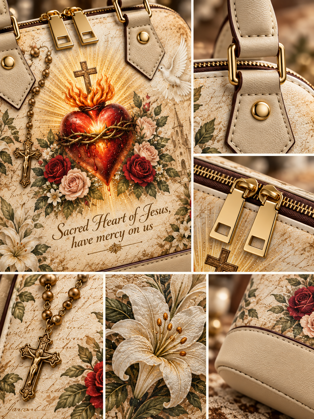 A collage of close-up views of a small beige handbag or pouch with a vintage-style printed design featuring a flaming Sacred Heart of Jesus, roses, lilies, a cross necklace, and the text 'Sacred Heart of Jesus, have mercy on us.' The panels show the front print, hardware details, zipper pulls, and floral pattern closeups.