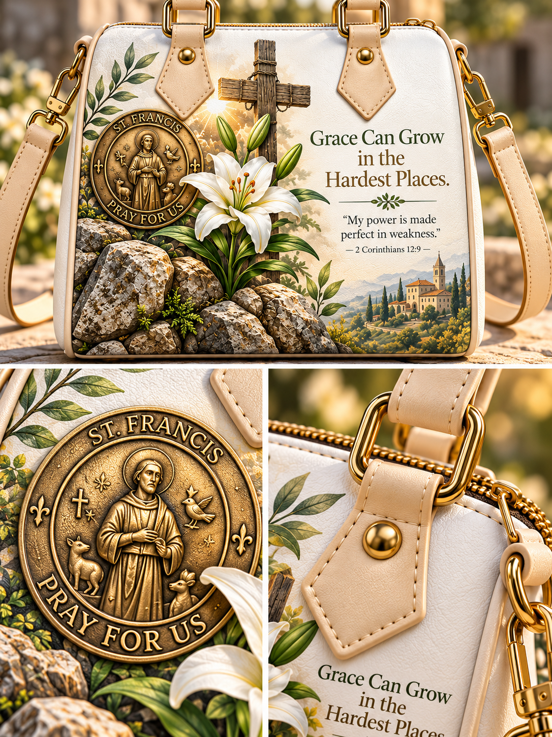 A white crossbody handbag with beige faux-leather straps and gold-tone hardware, decorated with a religious design featuring a bronze-toned St. Francis medallion, a white lily flower, rocks, green leaves, a cross, and a scenic landscape.