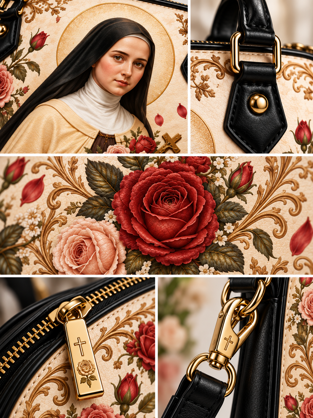 A collage of close-up views showing a handbag or backpack with a cream floral print, a large red rose motif, black leather trim, gold-tone hardware, and a printed image of a robed female saint on the front panel.