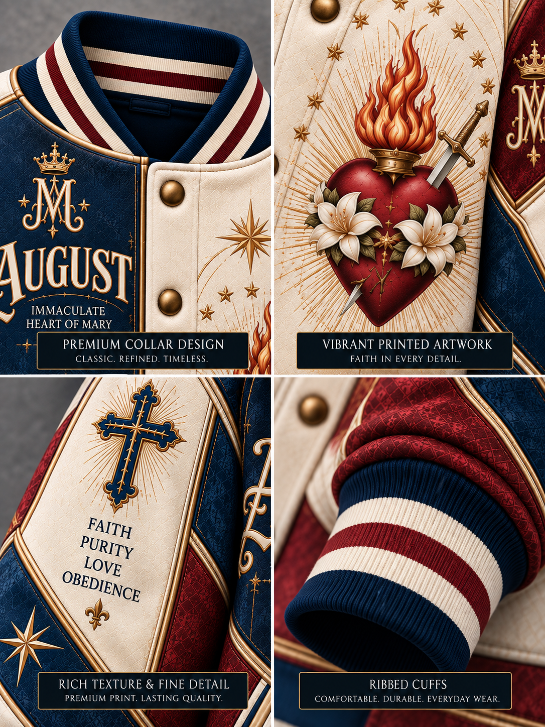 Four-panel close-up collage of a varsity-style jacket collar and cuff detail, showing cream, navy, and red fabric with gold trim, printed religious artwork including a flaming heart with a sword and cross, and text such as 'August' and 'Faith Purity Love Obedience.'.