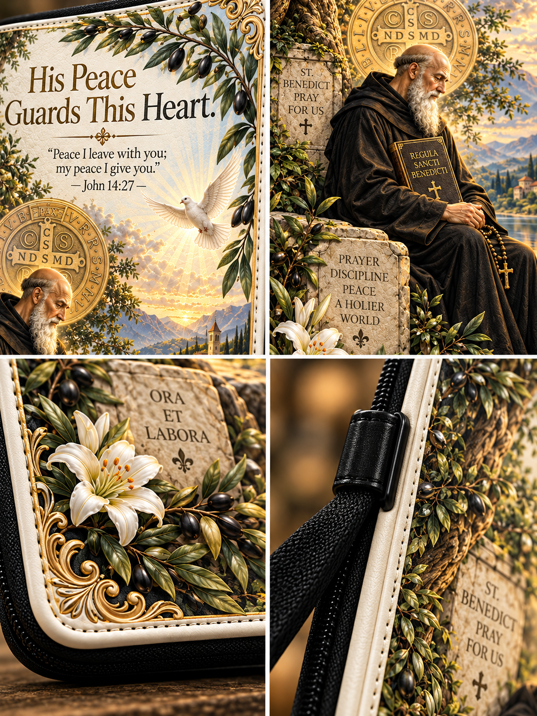 A four-panel collage showing a decorative St. Benedict religious item, likely a book cover or printed cover design.
