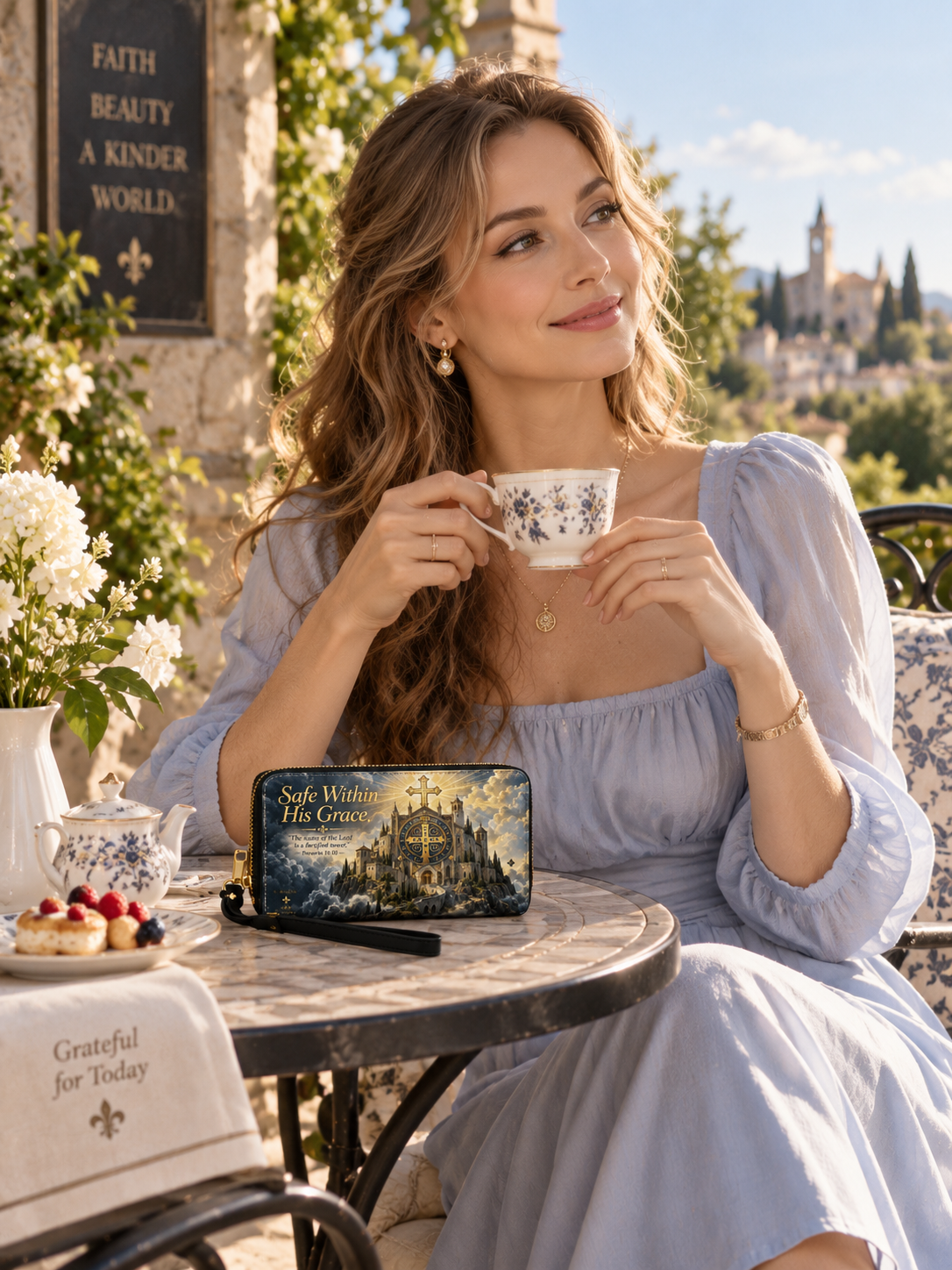 A zip-around wallet with a wrist strap, featuring a detailed graphic of a castle on a cliffside surrounded by dramatic clouds and a large golden cross. The text 'Safe Within His Grace' is printed on the front, along with scripture and decorative gold accents.