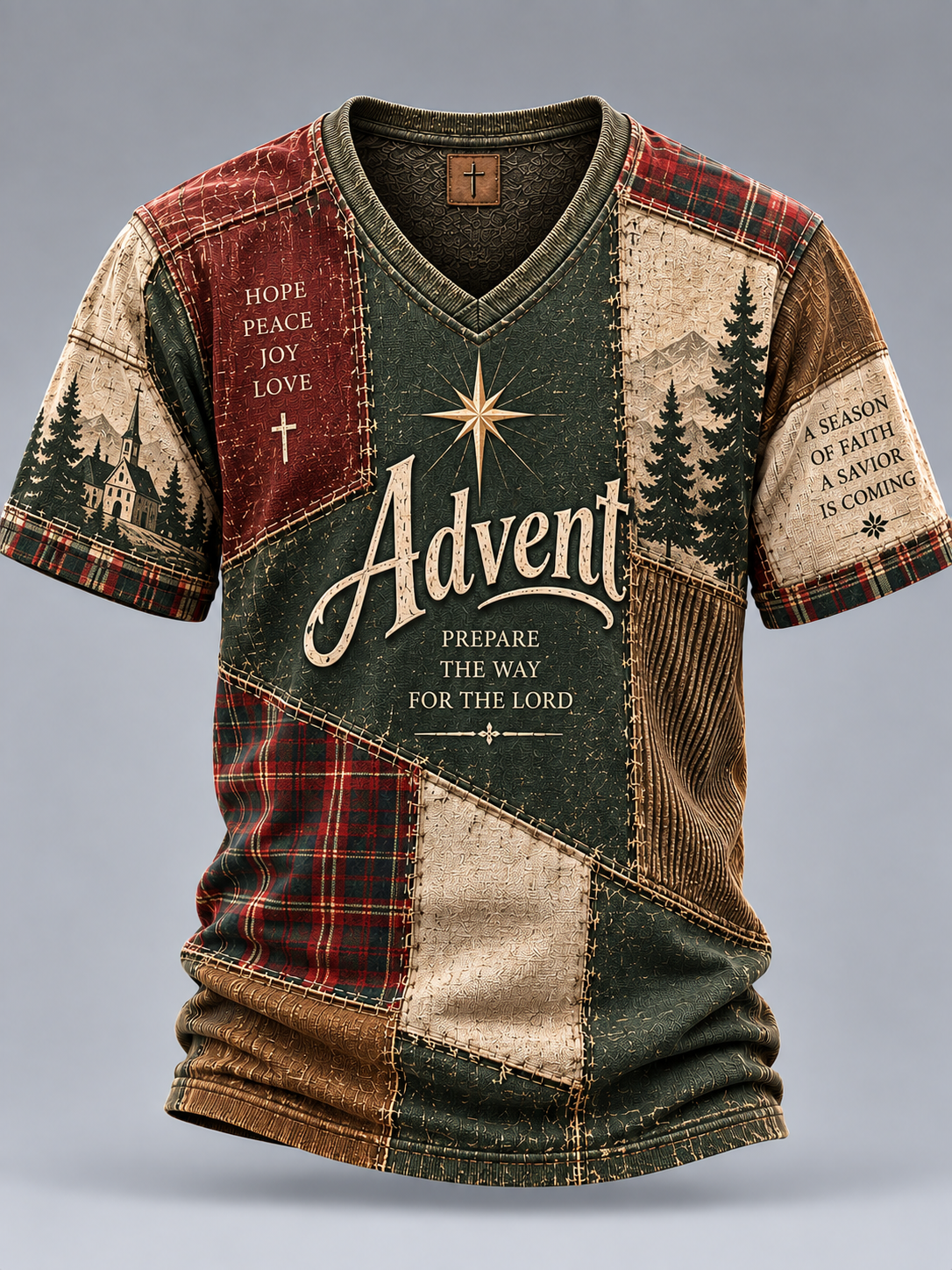 A short-sleeve V-neck patchwork t-shirt featuring a rustic Christmas Advent theme. The shirt has a patchwork design with green, red plaid, and beige panels, decorated with pine trees, a star, and text including 'Advent' and 'Prepare the way for the Lord'.