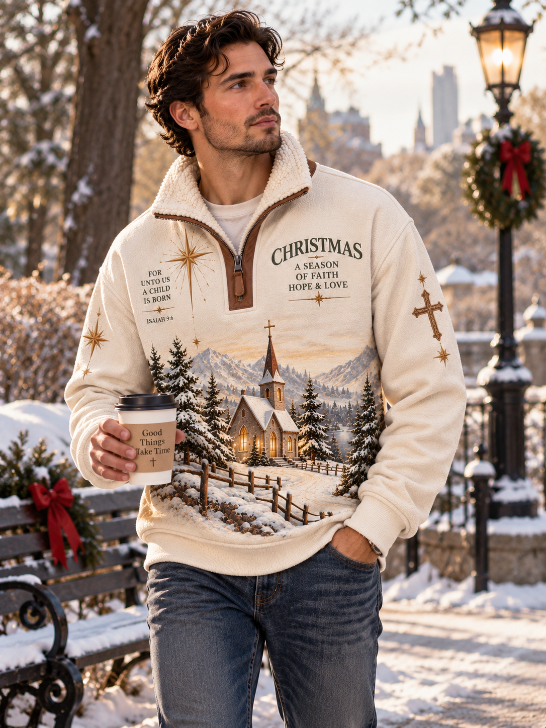 An off-white fleece-lined quarter-zip pullover sweatshirt featuring a detailed Christmas winter scene with a church, snowy trees, mountains, and inspirational Bible verses printed on the front.