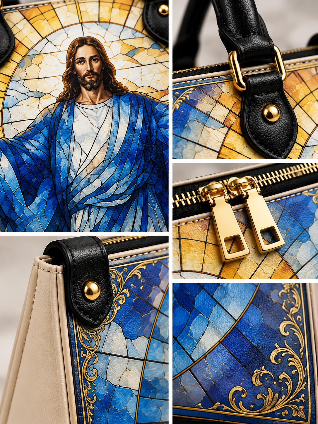 A collage showing a handbag with a stained-glass-style artwork featuring Jesus in blue robes, close-ups of black leather handles and gold-tone hardware, and a detail of the blue-and-gold patterned surface.