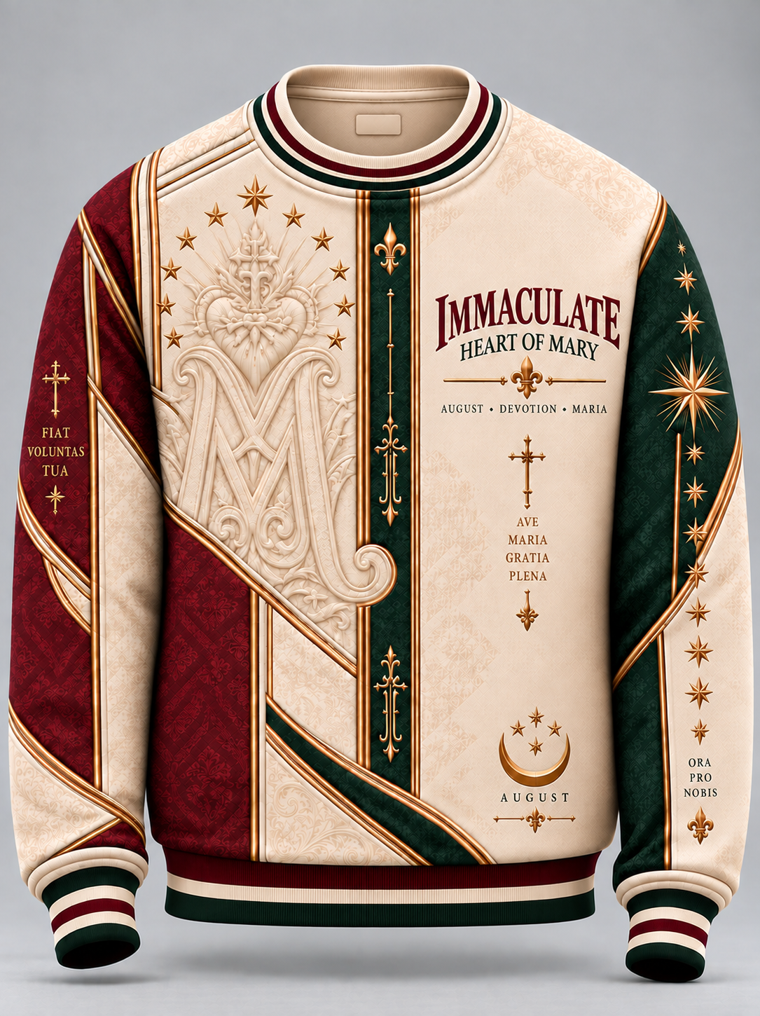 A long-sleeve crewneck sweatshirt with a complex religious graphic design on the front, featuring 'IMMACULATE HEART OF MARY' text, religious symbols, and a cream, burgundy, and dark green color scheme.