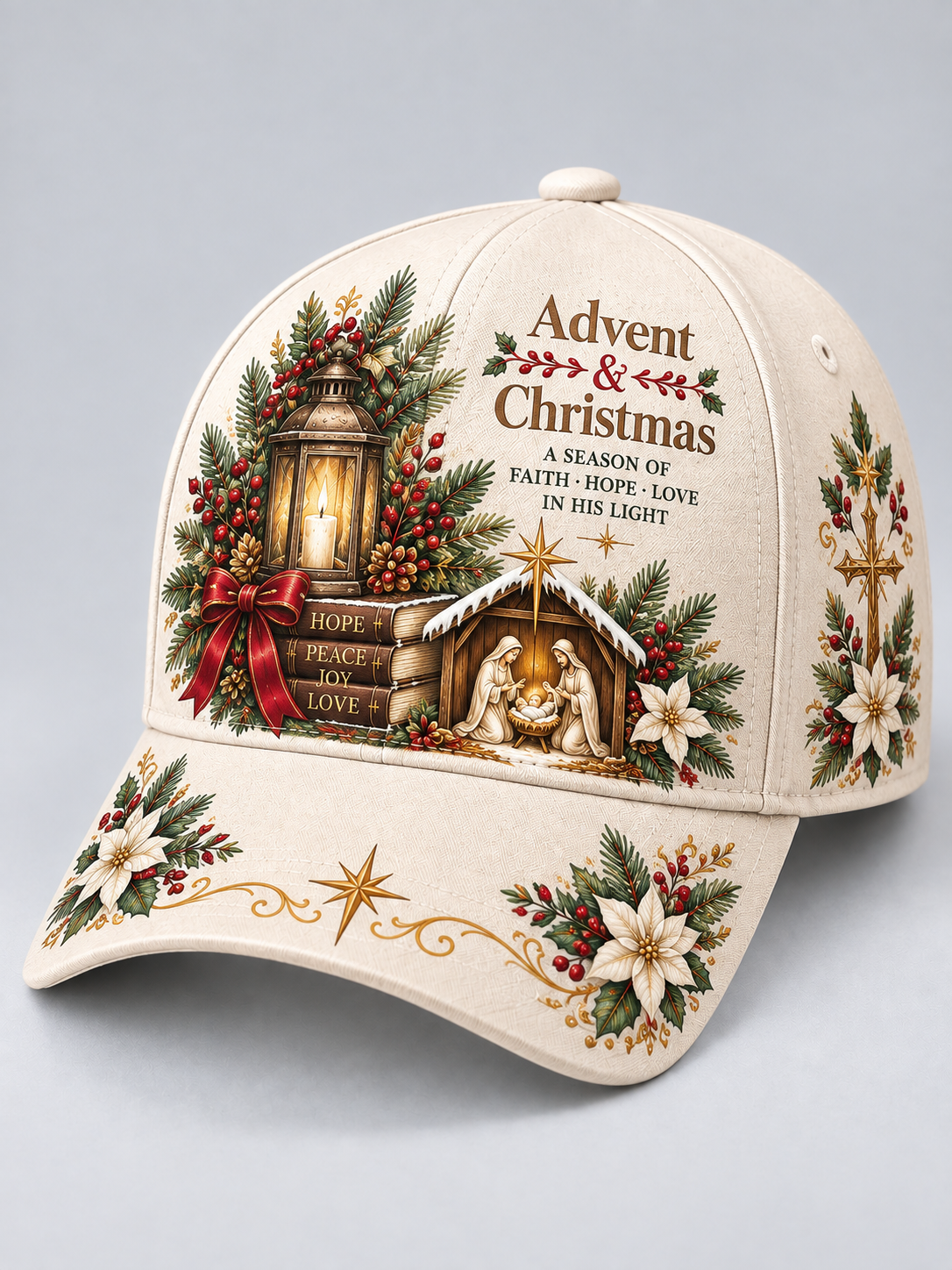 An off-white baseball cap featuring a detailed Christmas nativity scene print on the front and brim, with the text 'Advent & Christmas' and 'A SEASON OF FAITH - HOPE - LOVE - IN HIS LIGHT'.