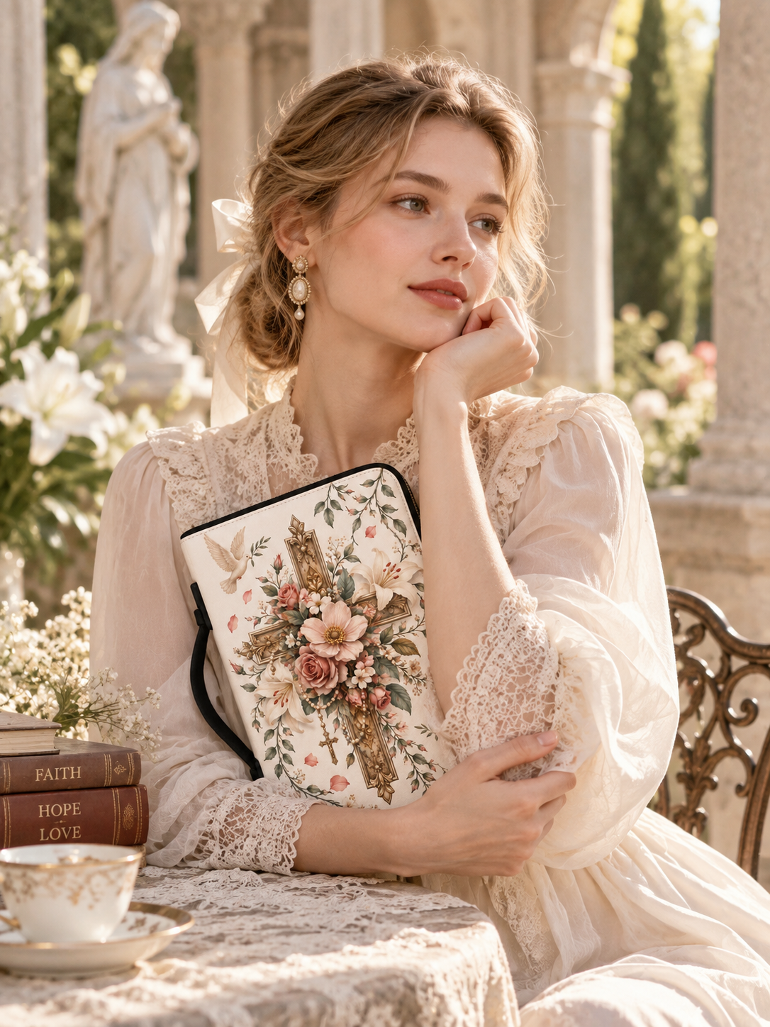 A woman in a vintage-style cream lace dress sits in a garden courtyard holding a cream floral-patterned clutch bag with black trim.