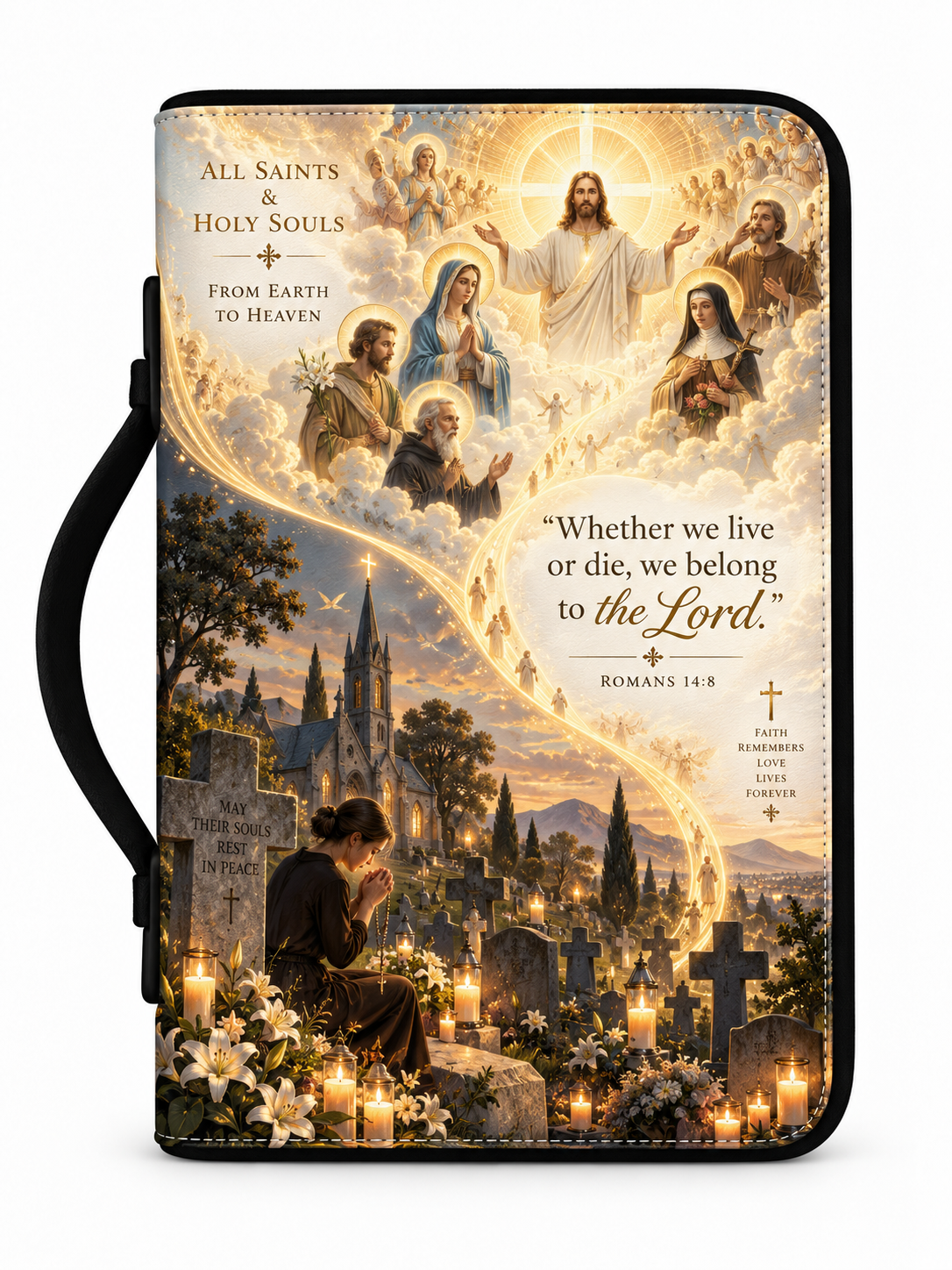 A black folio-style Bible or prayer journal with a detailed religious illustration on the cover. The artwork shows Jesus, the Virgin Mary, saints, a praying figure in a cemetery with candles, and the text 'Whether we live or die, we belong to the Lord.