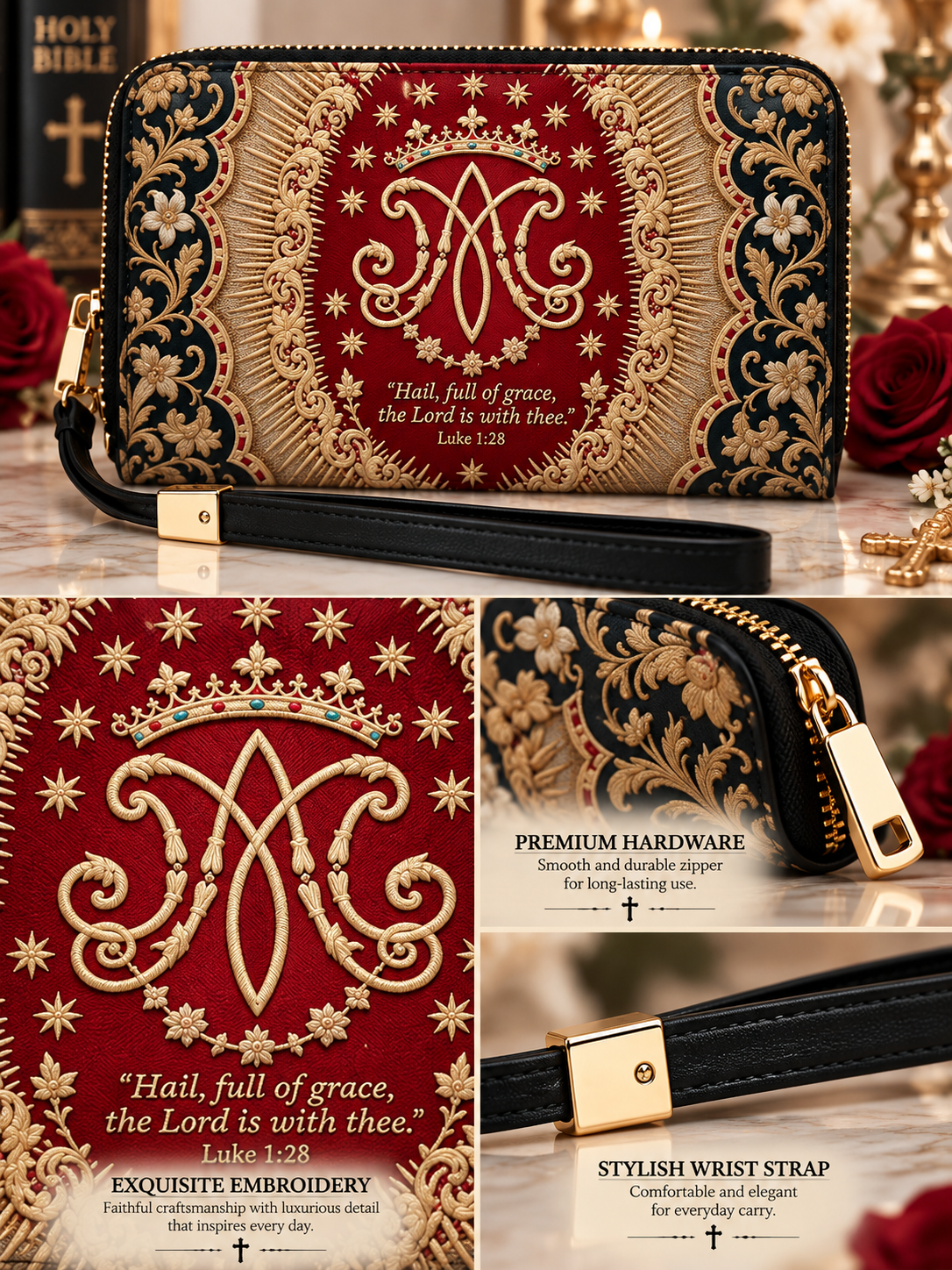 Blessed Virgin Mary Royal Gold Marian Crest Long Handbag