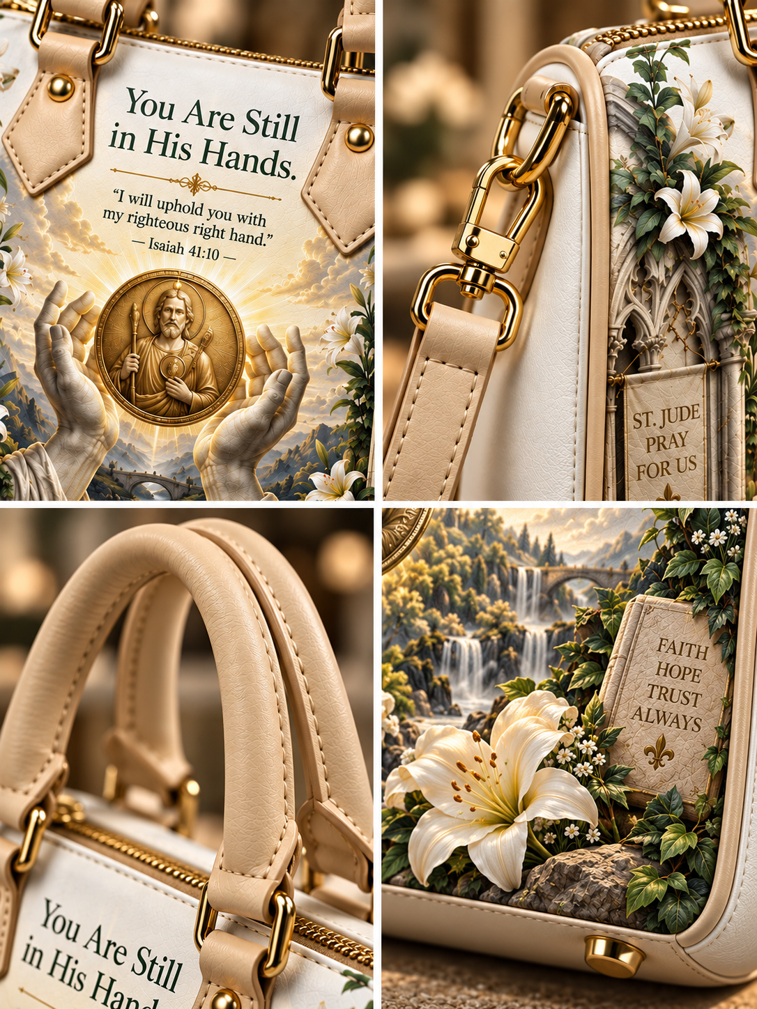 A collage showing a cream-colored shoulder bag from multiple angles, decorated with religious artwork, Bible verses, a gold medallion, white lilies, and scenic garden imagery.