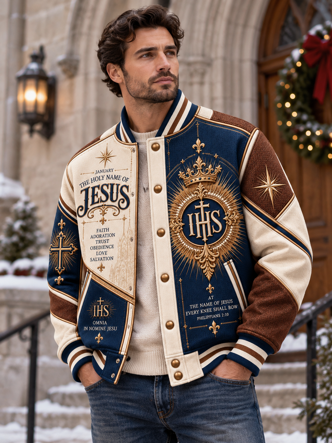 A custom varsity-style bomber jacket featuring a navy blue and cream body with brown ribbed trim, decorated with gold-toned religious graphics, crosses, stars, and the text 'The Holy Name of Jesus' and 'IHS'.
