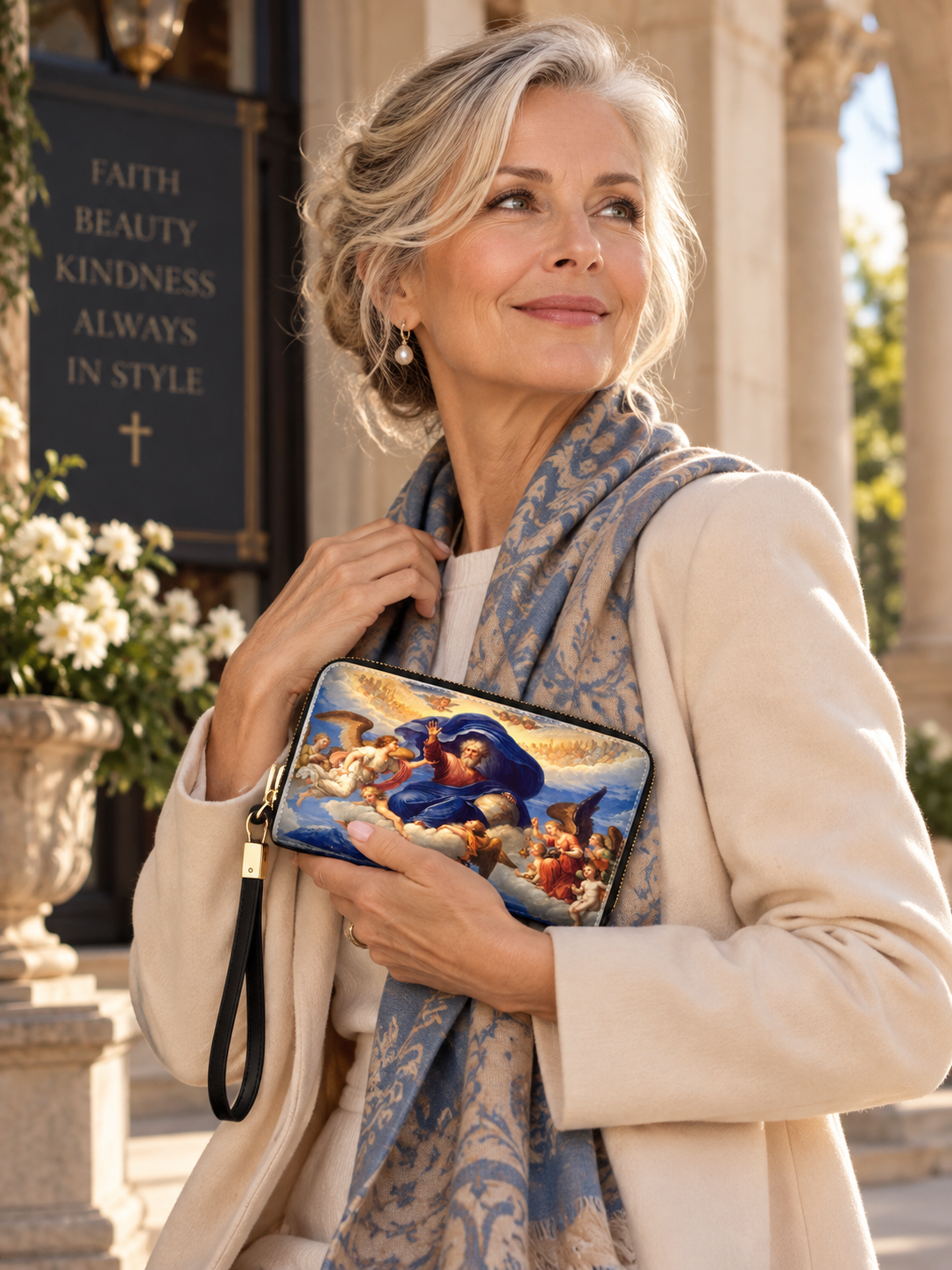 A woman in a beige coat and blue patterned scarf holds a rectangular clutch bag featuring a classical painting scene with blue, gold, and red tones, set against a stone building background.