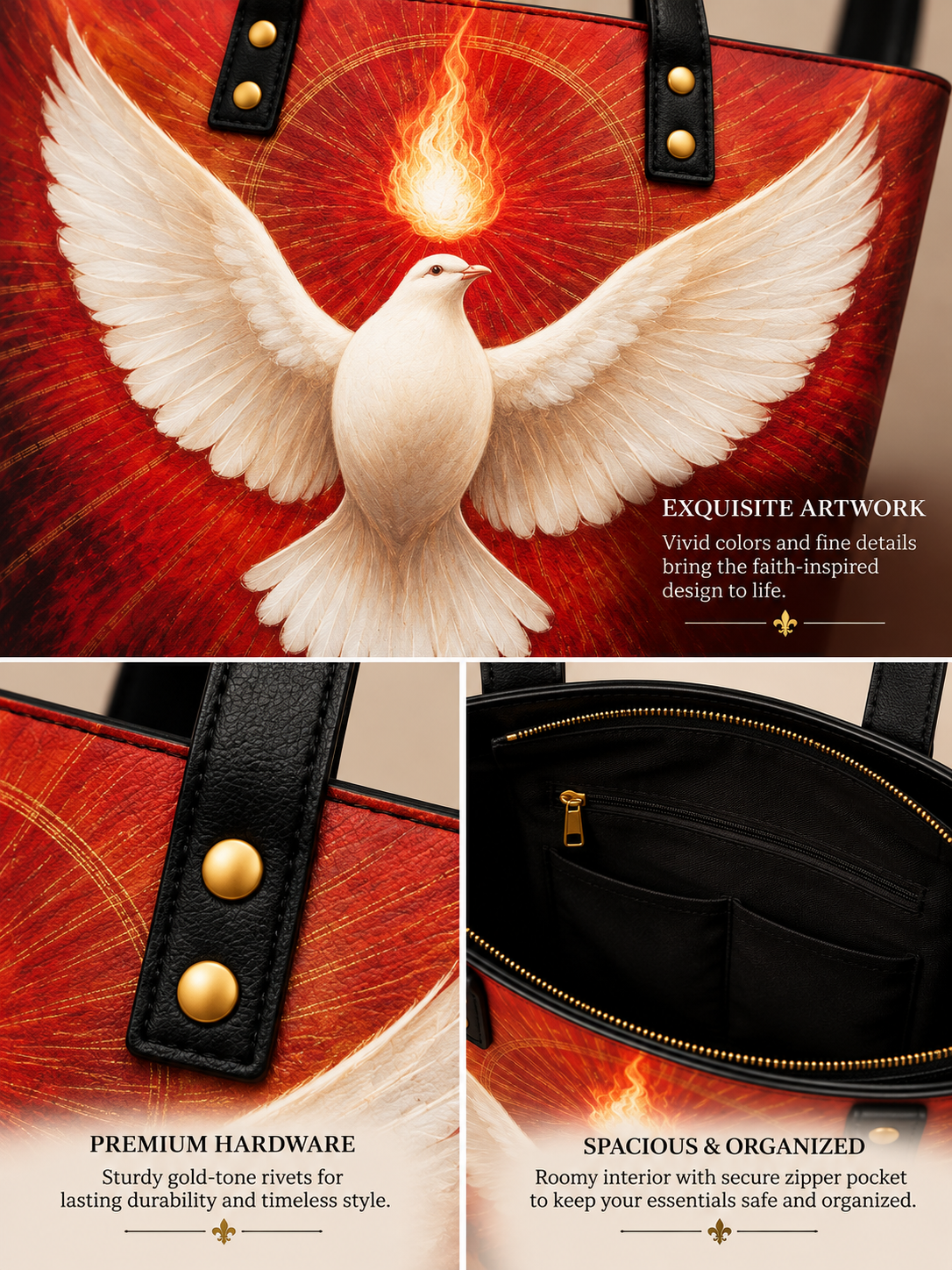A tote bag with a red and orange wood-grain finish, featuring a large white dove with a glowing flame on its back. The image includes three detail panels showing gold-tone rivets, a black leather strap, and the black interior zippered pocket, with descriptive text overlays.