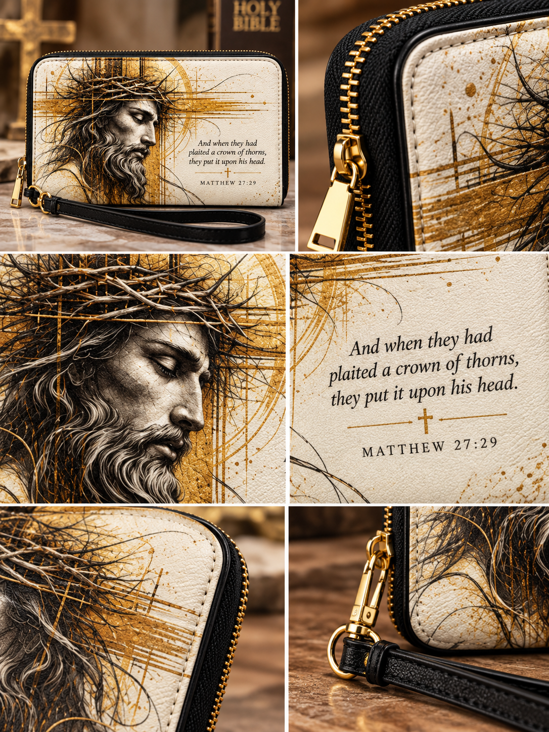 A collage showing a zip-around wallet with a wrist strap, featuring a detailed religious illustration of Jesus wearing a crown of thorns and a Bible verse from Matthew 27:29. The wallet has a cream and gold textured background with black and gold zippers and a black faux-leather wrist strap.