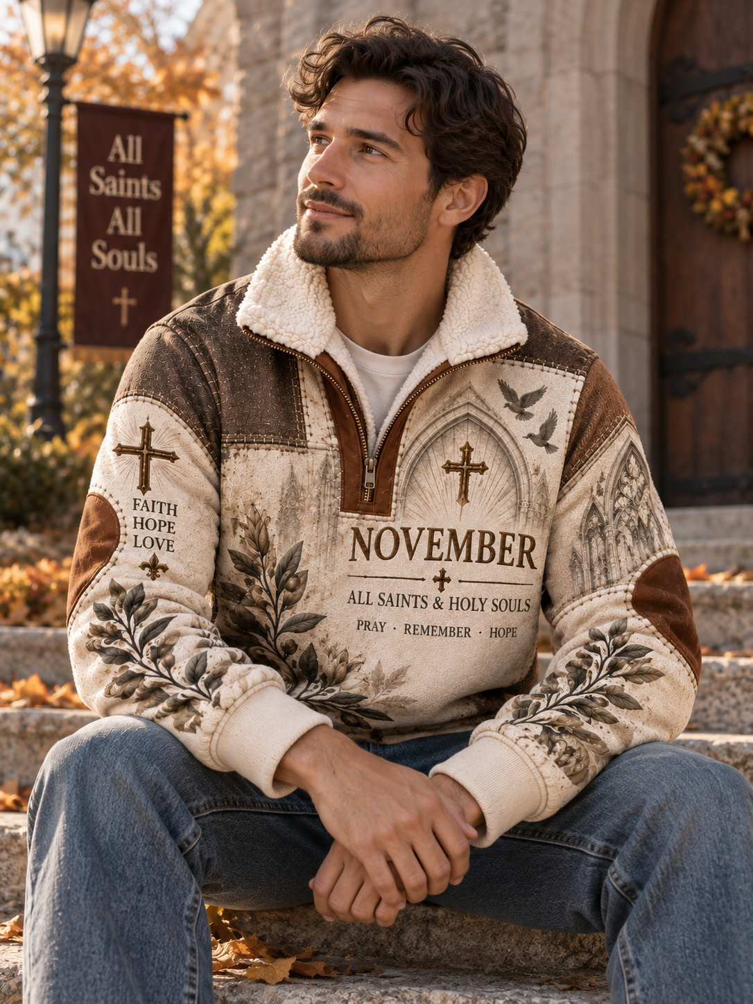 All Saints & Holy Souls Faith Hope Love Fur Collar Sweatshirt