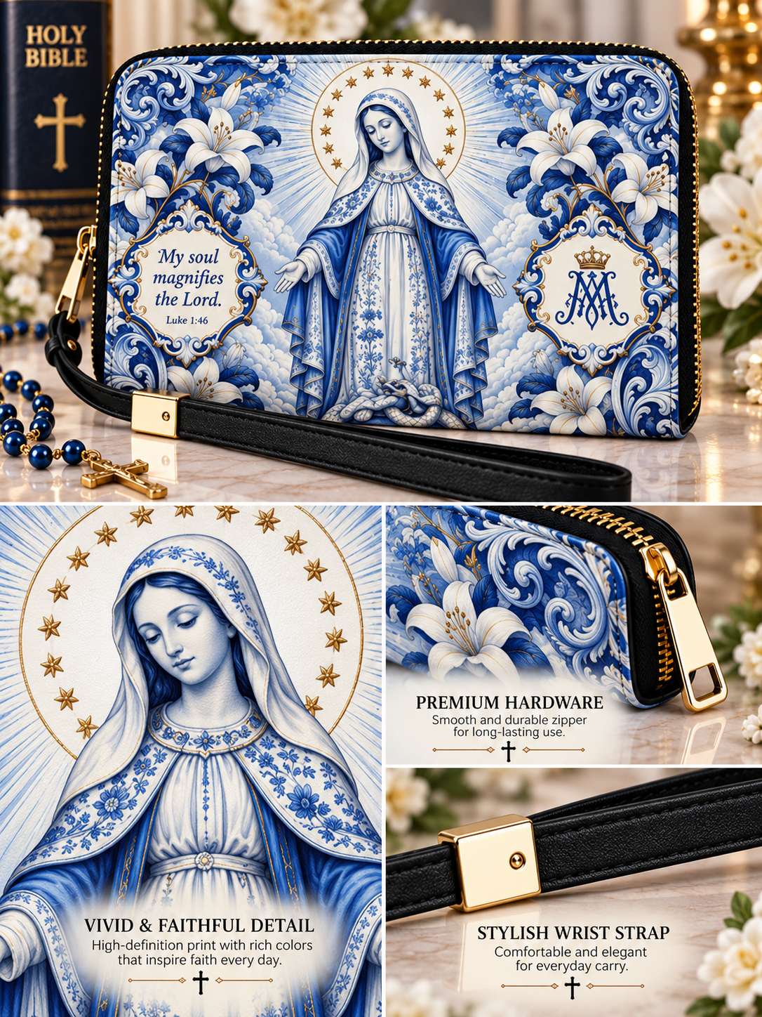 Blessed Virgin Mary Blue Porcelain Long Handbag