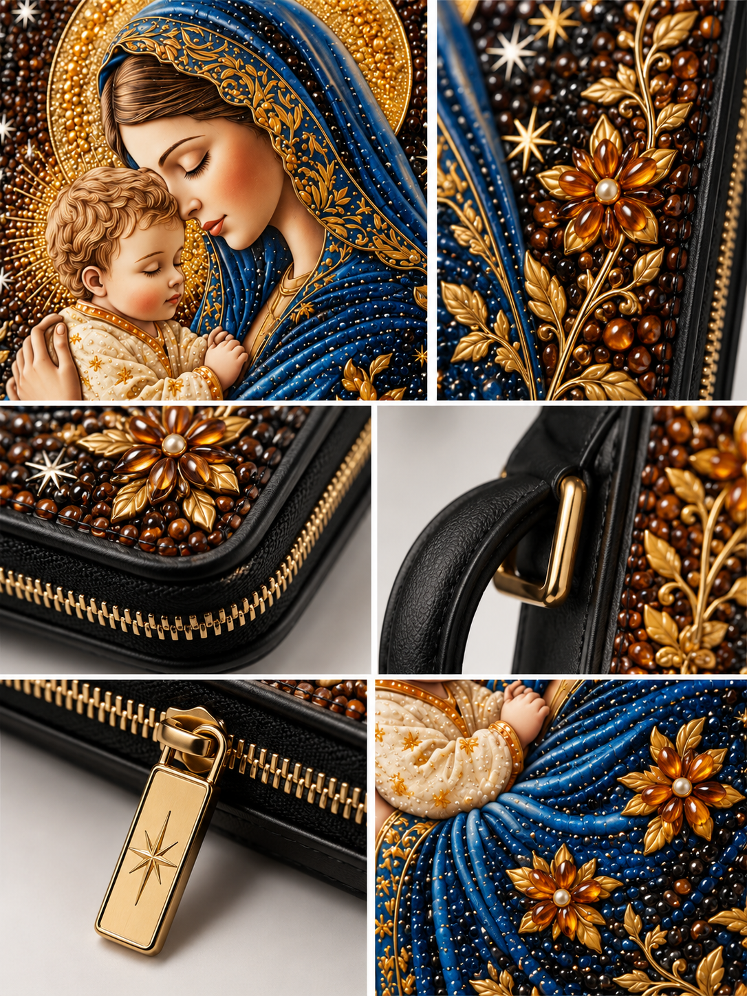 A luxury quilted handbag shown in a six-panel collage, featuring a black quilted body with intricate gold and blue embroidered floral patterns, a gold zipper with a decorative gold pull tab, and a small embroidered baby motif.