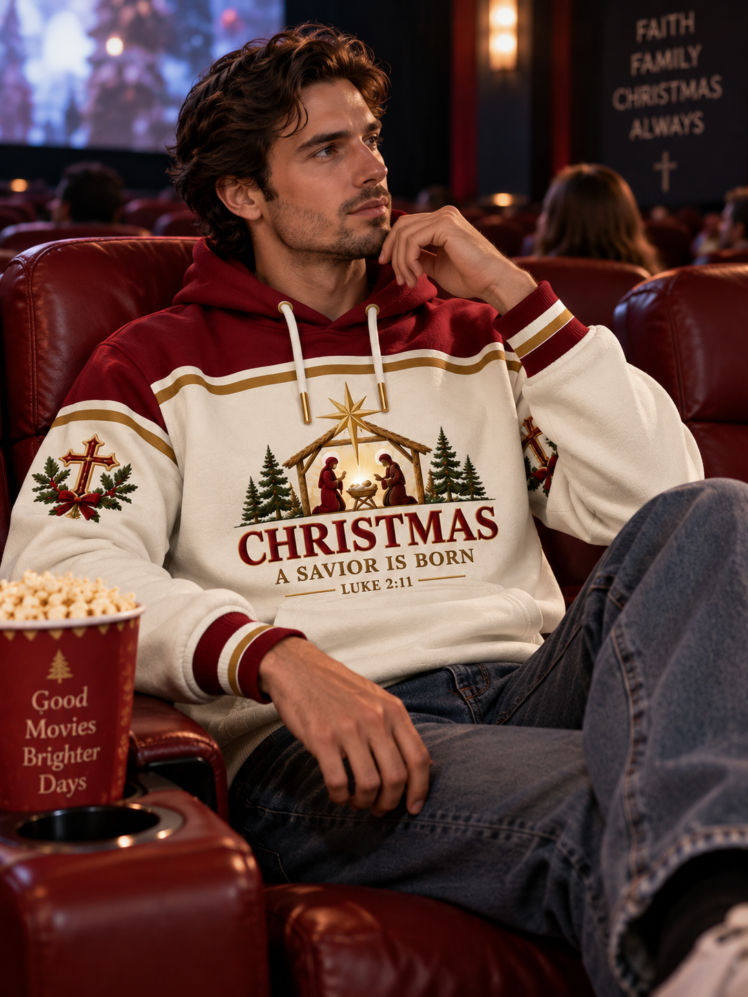 A Christmas-themed pullover hoodie with a maroon and cream color-blocked design, featuring a nativity graphic and the text 'CHRISTMAS A SAVIOR IS BORN' on the front, with matching holiday prints on the sleeves.