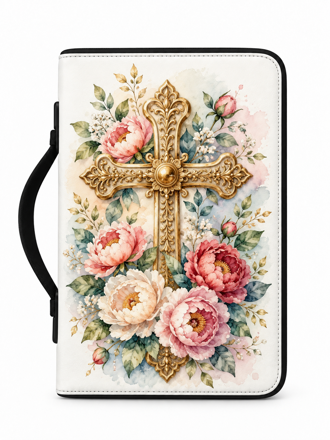 A Bible journal or book cover with a black handle, featuring a large ornate gold cross surrounded by pink, peach, and white peonies with green leaves on a white background.