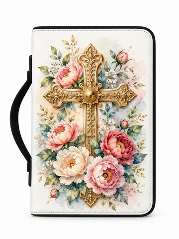 A Bible journal or book cover with a black handle, featuring a large ornate gold cross surrounded by pink, peach, and white peonies with green leaves on a white background.