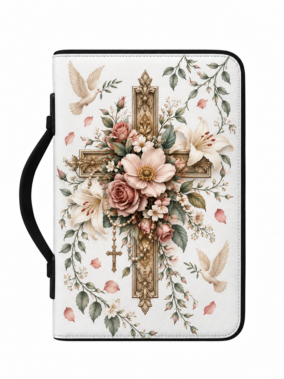 A white Bible or prayer journal with a black handle, decorated with a large central gold cross surrounded by pink and white flowers, green leaves, and two white doves, shown on a plain white background.