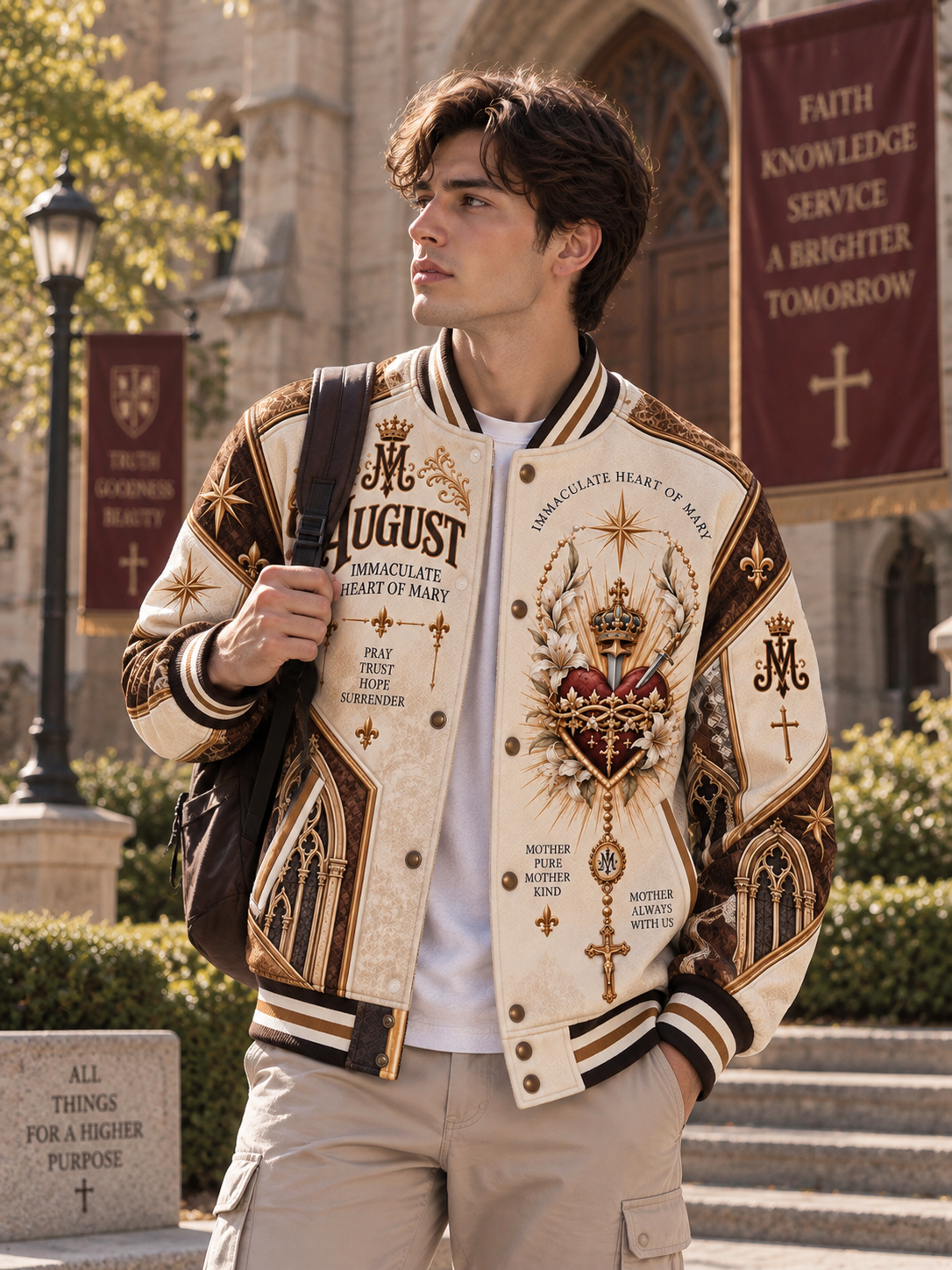 A man wearing a cream and brown embroidered varsity-style bomber jacket with religious and gothic motifs, standing outdoors in front of a stone building with banners.